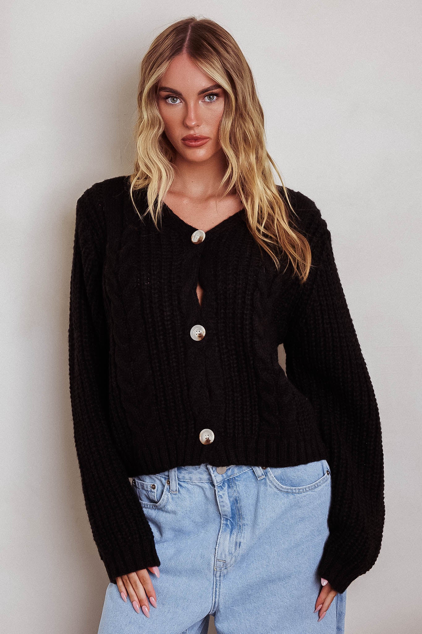 Prime Time Cable Knit Cardigan Black-Maymioy
