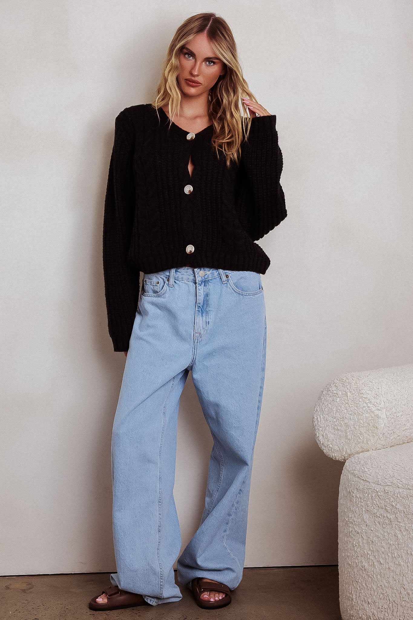 Prime Time Cable Knit Cardigan Black-Maymioy