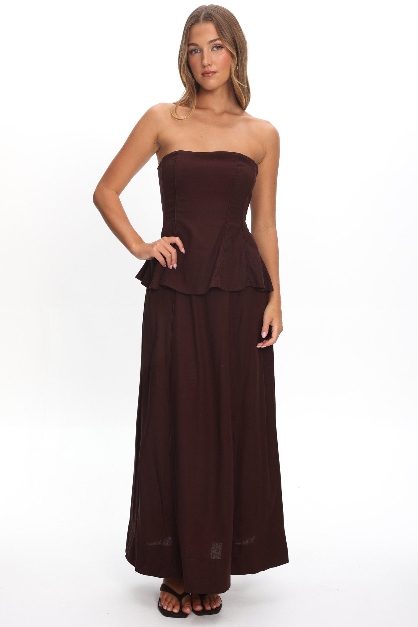 Synthia Peplum Waist Maxi Dress Chocolate-Maymioy