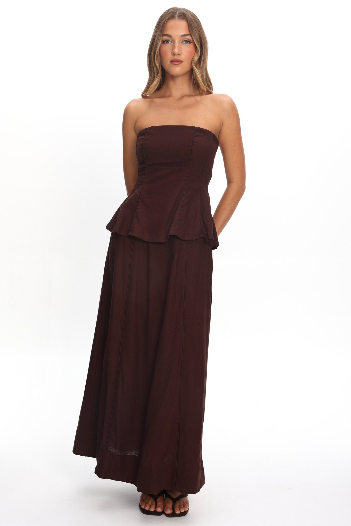Synthia Peplum Waist Maxi Dress Chocolate-Maymioy