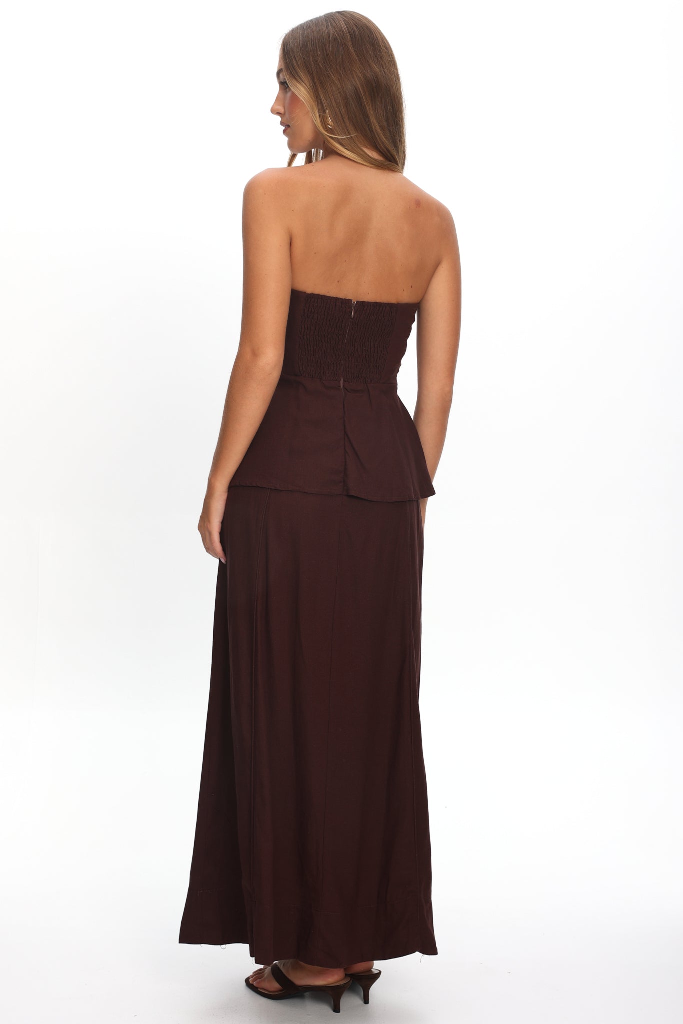 Synthia Peplum Waist Maxi Dress Chocolate-Maymioy