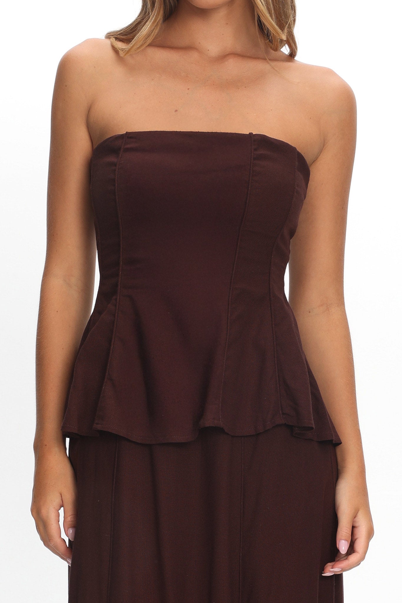 Synthia Peplum Waist Maxi Dress Chocolate-Maymioy