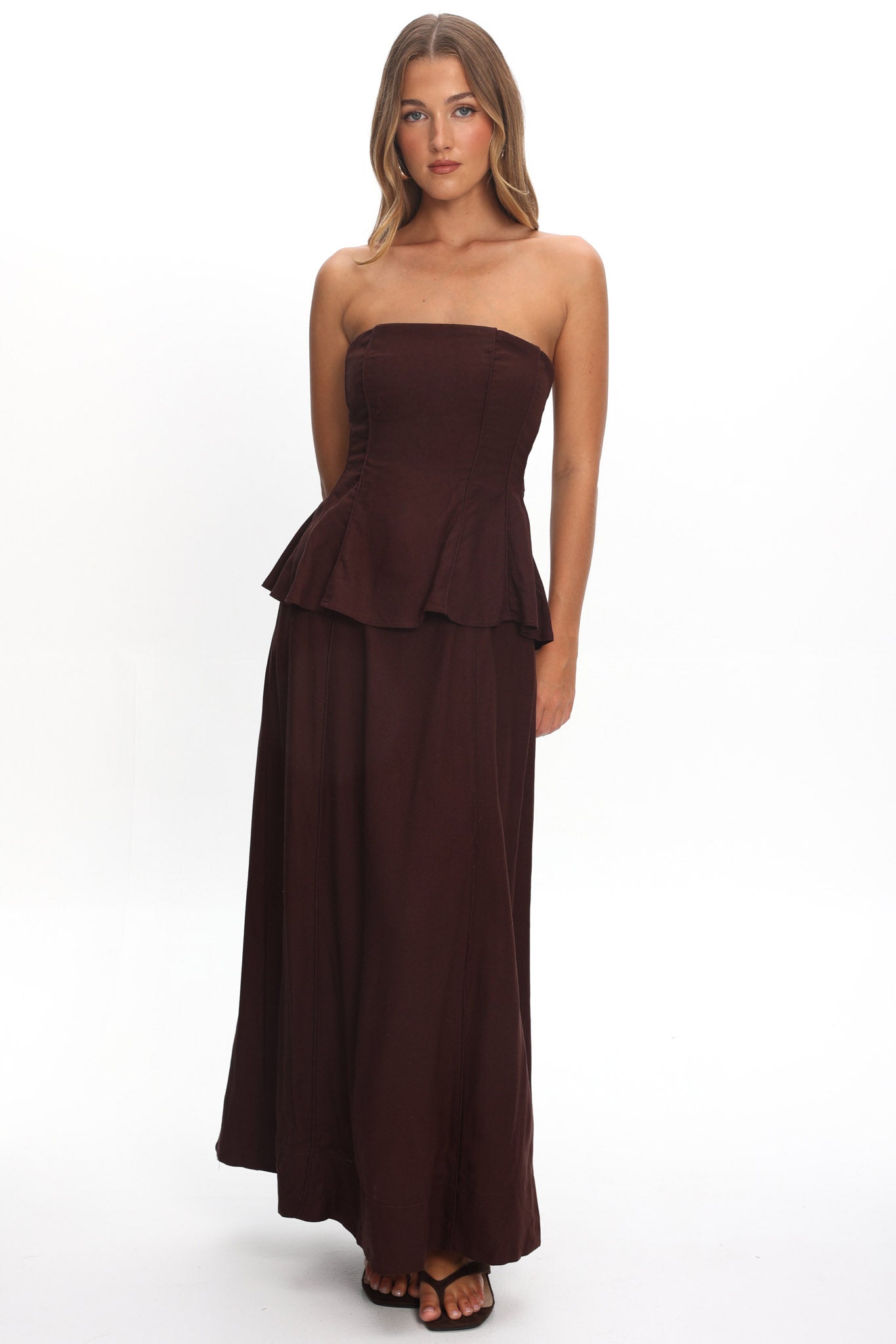 Synthia Peplum Waist Maxi Dress Chocolate-Maymioy