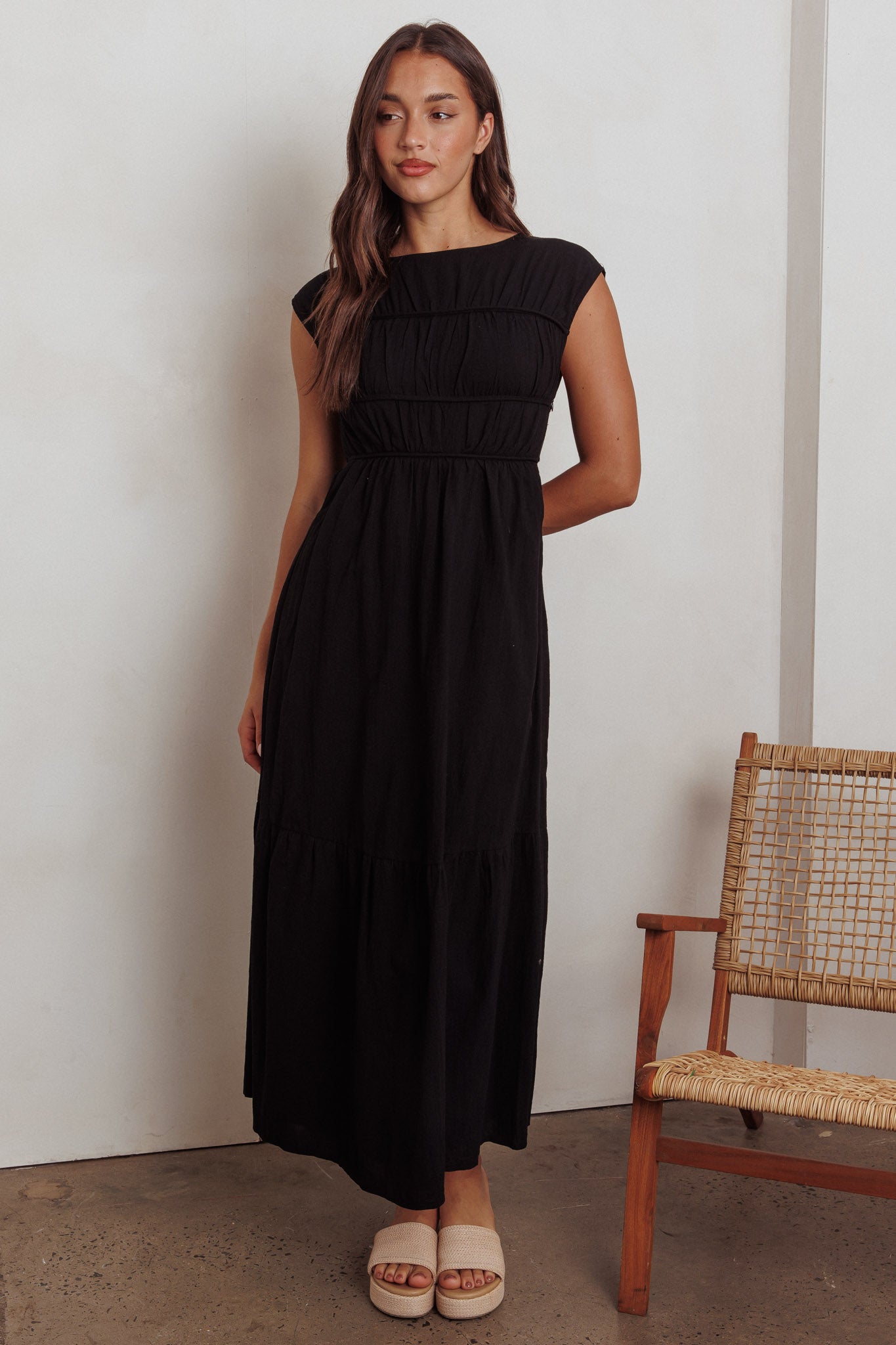 Called Out Gathered Bodice Maxi Dress Black-Maymioy
