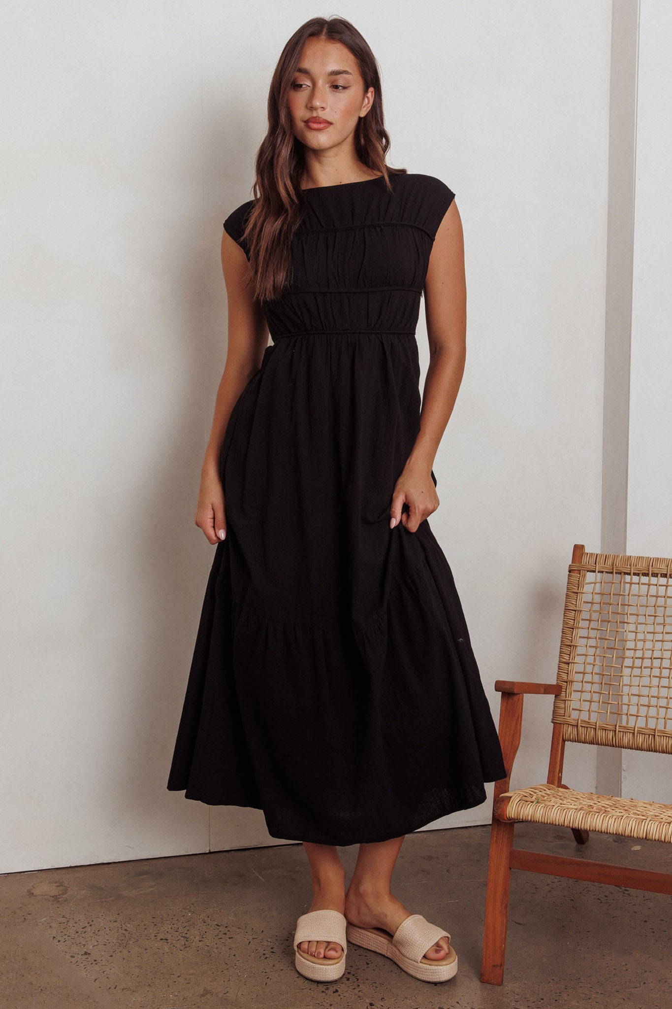 Called Out Gathered Bodice Maxi Dress Black-Maymioy