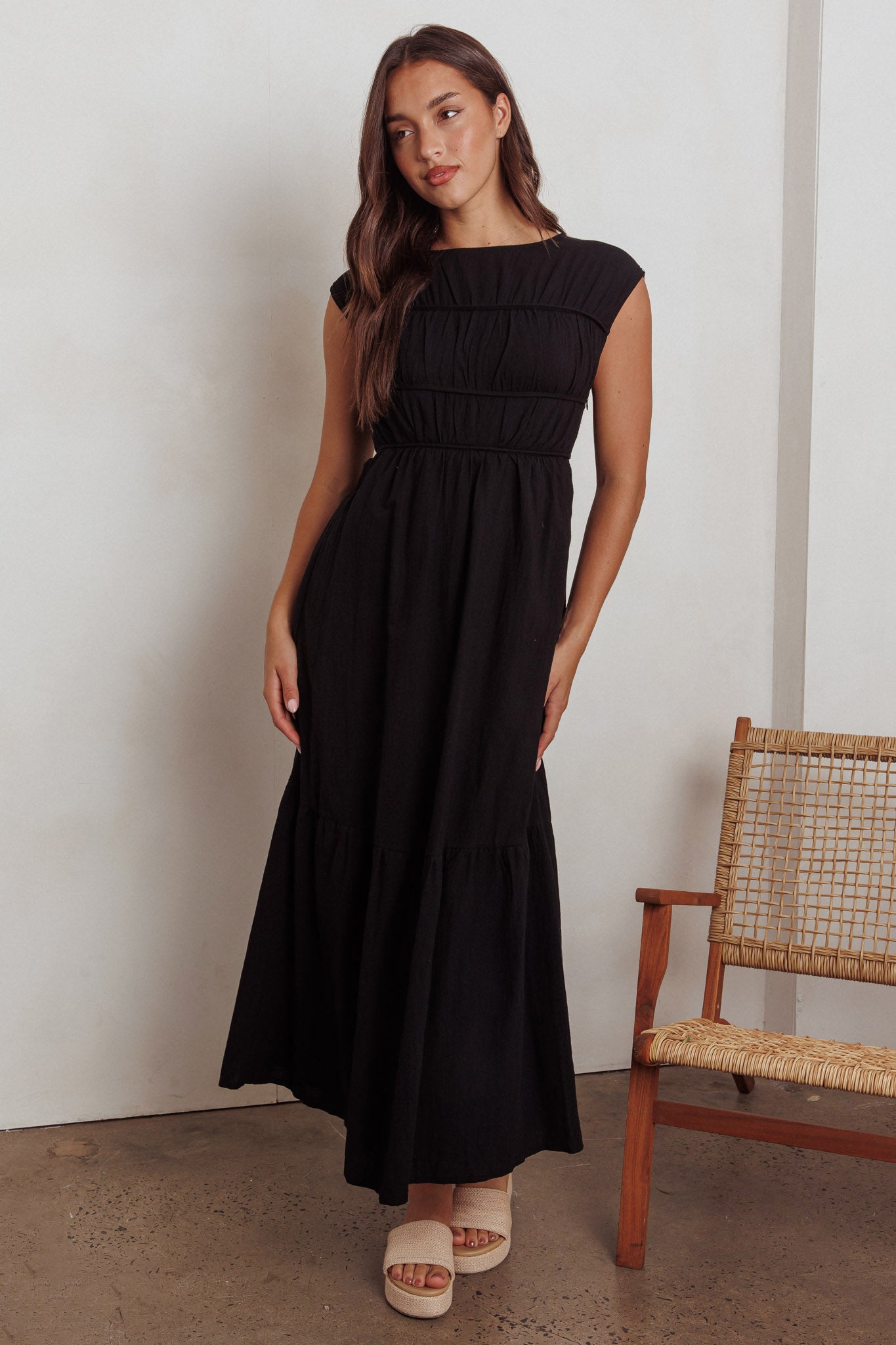 Called Out Gathered Bodice Maxi Dress Black-Maymioy