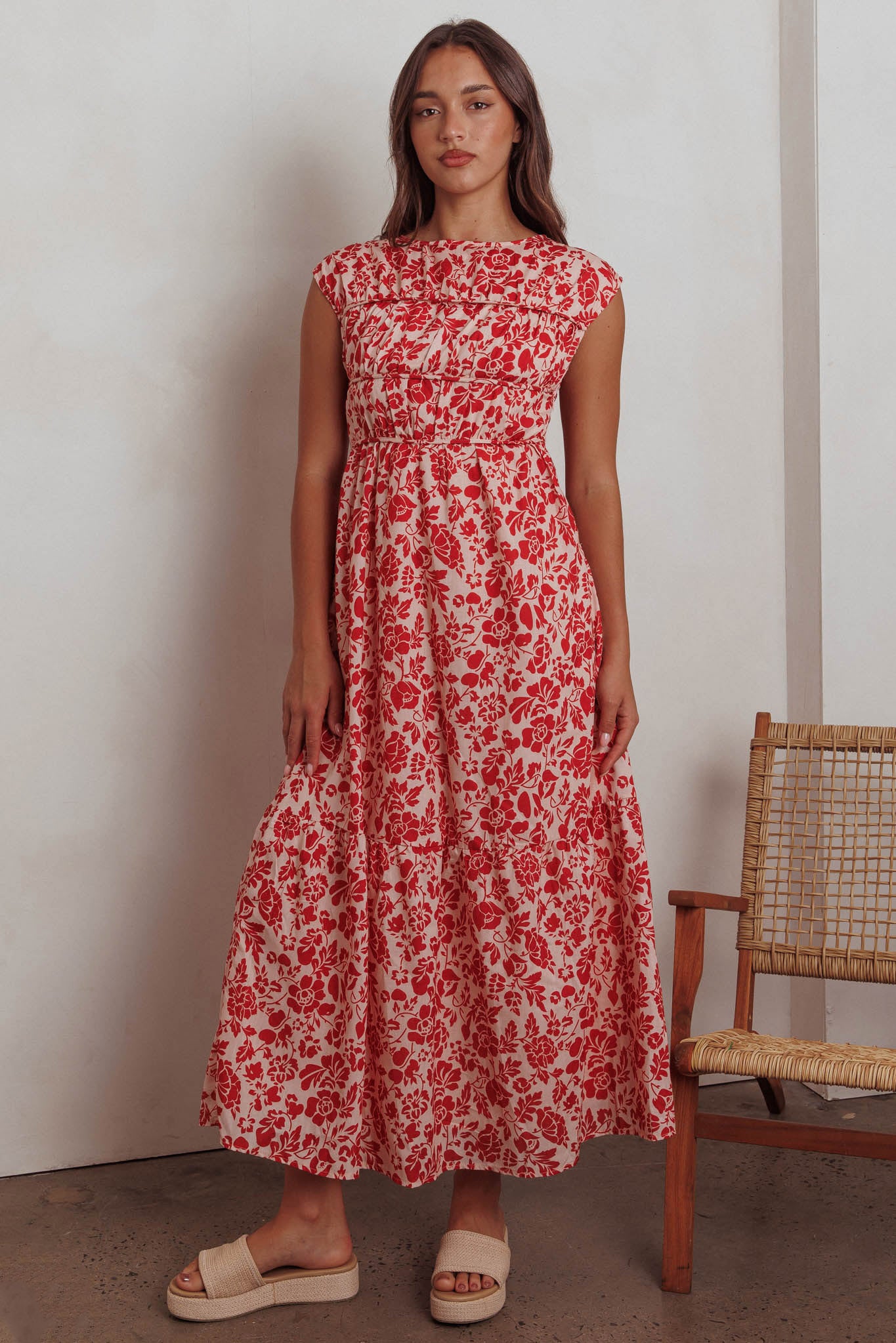 Called Out Gathered Bodice Maxi Dress Floral Red-Maymioy