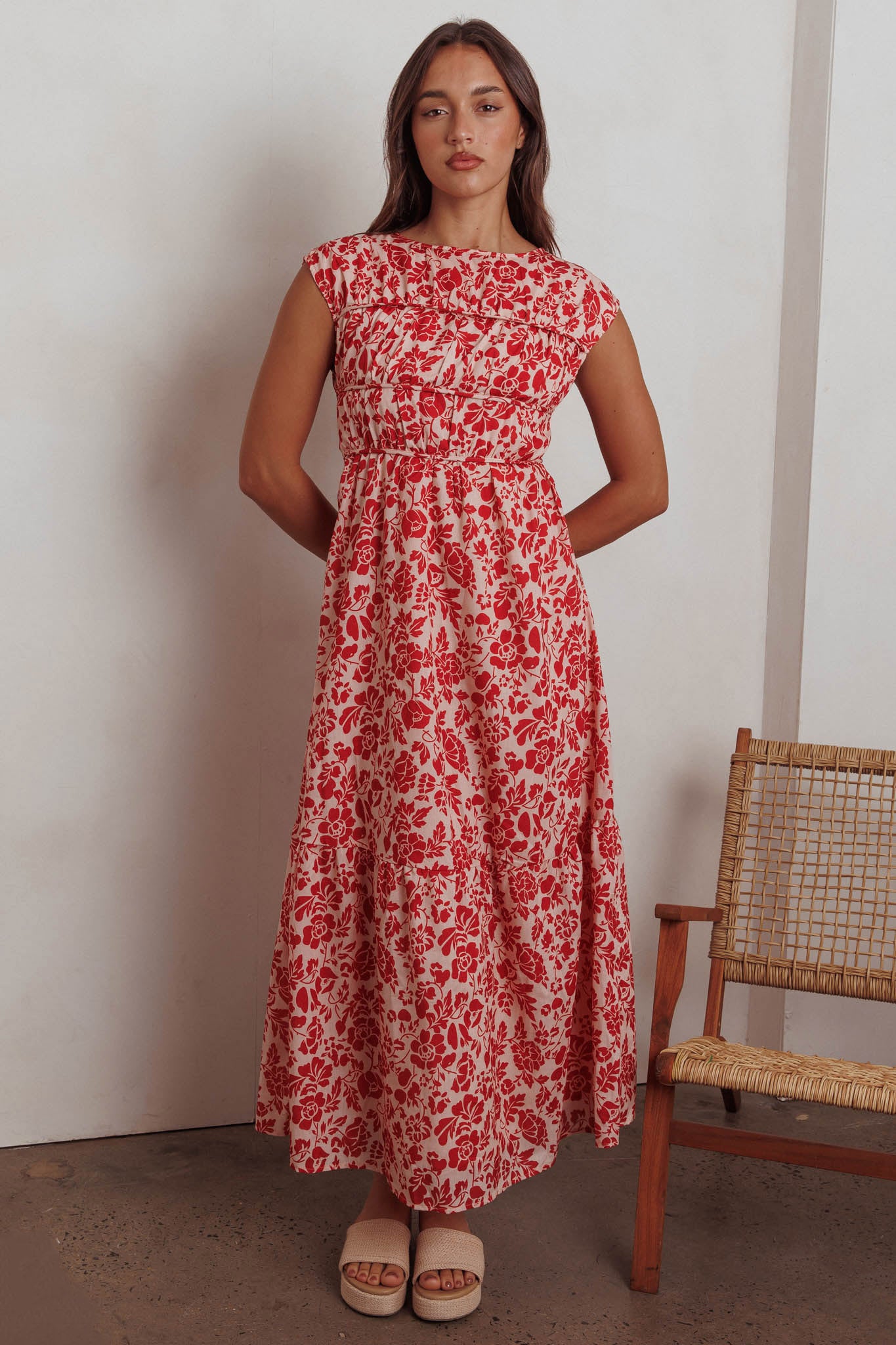 Called Out Gathered Bodice Maxi Dress Floral Red-Maymioy