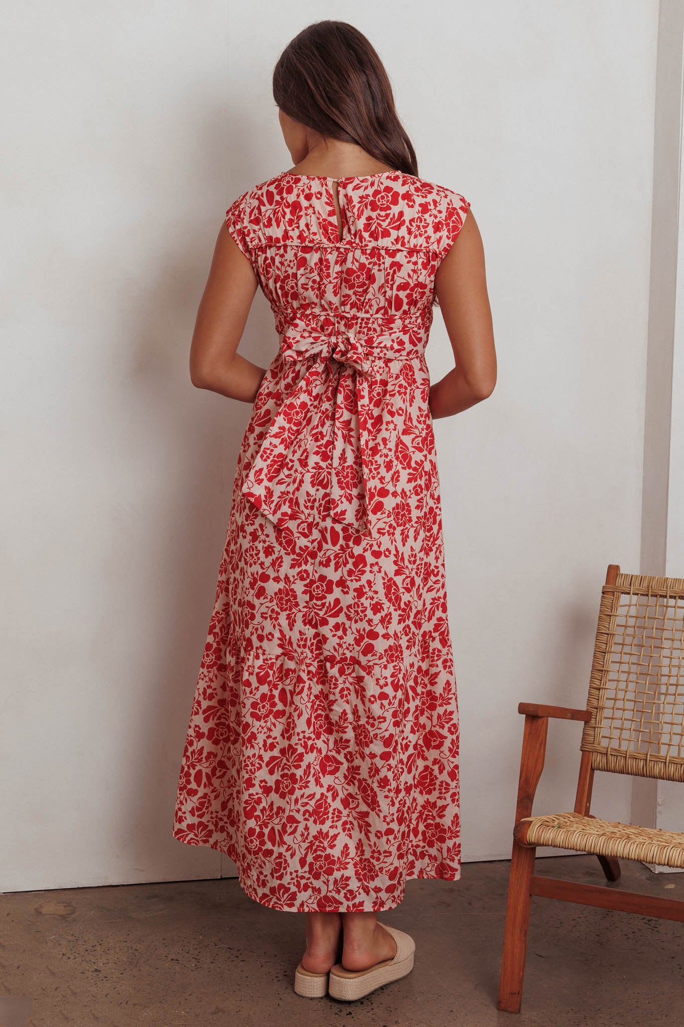 Called Out Gathered Bodice Maxi Dress Floral Red-Maymioy