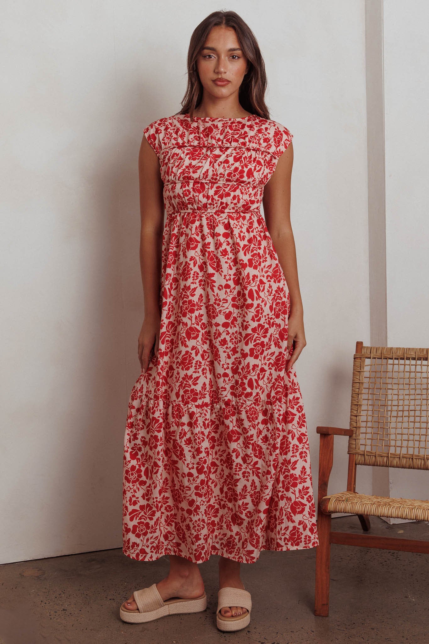 Called Out Gathered Bodice Maxi Dress Floral Red-Maymioy