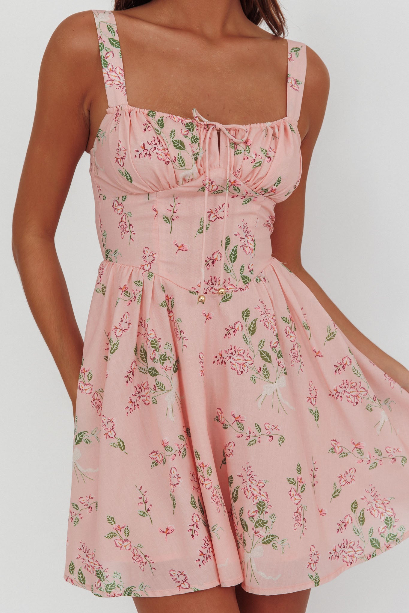 Seen The Light Tie Bust Mini Dress Floral Blush-Maymioy