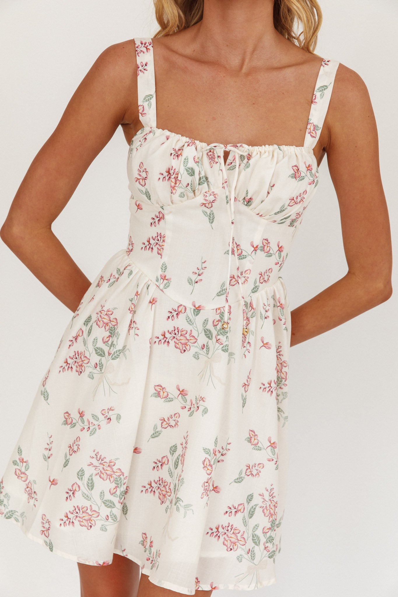 Seen The Light Tie Bust Mini Dress Floral Cream-Maymioy