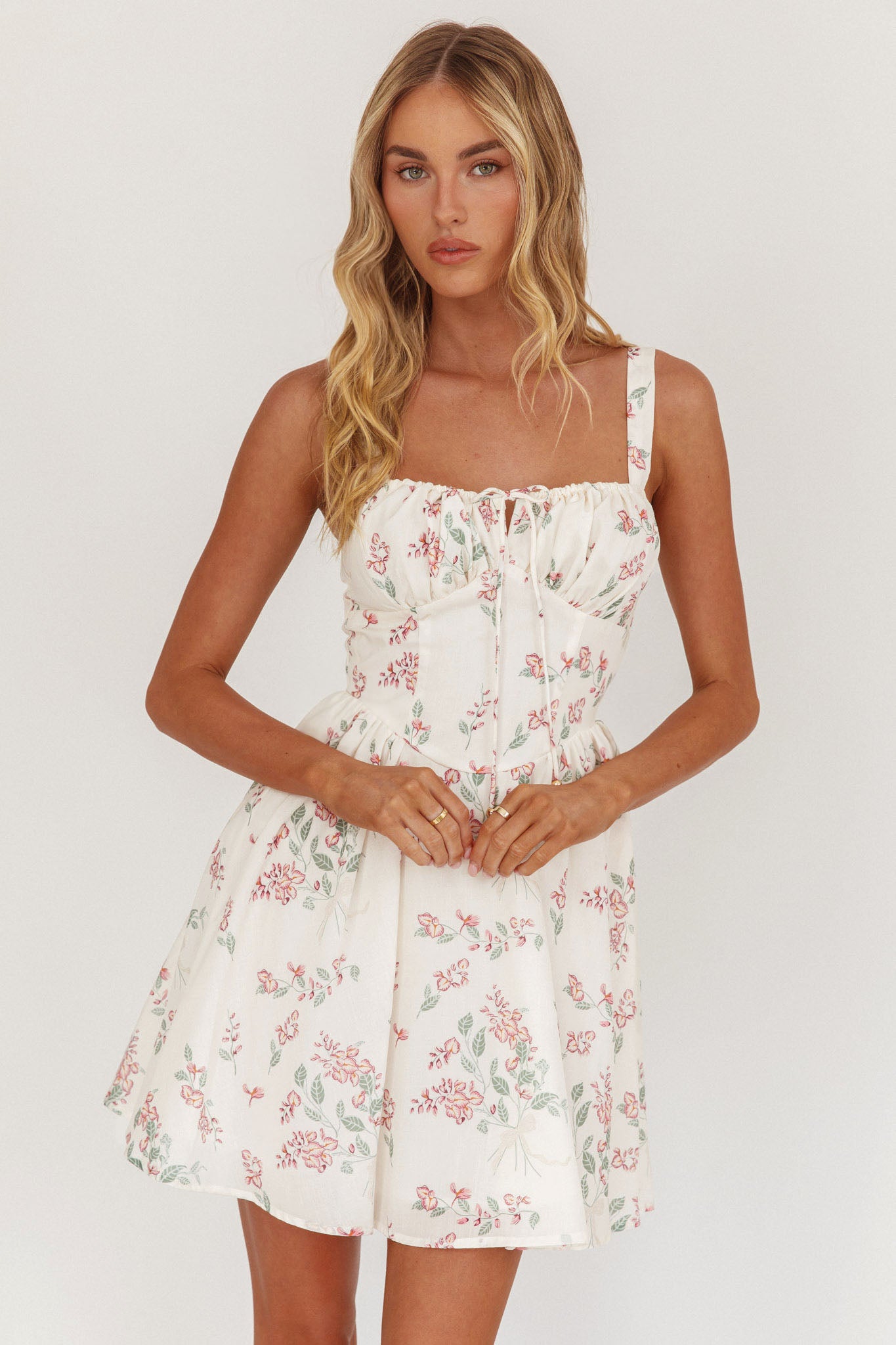 Seen The Light Tie Bust Mini Dress Floral Cream-Maymioy