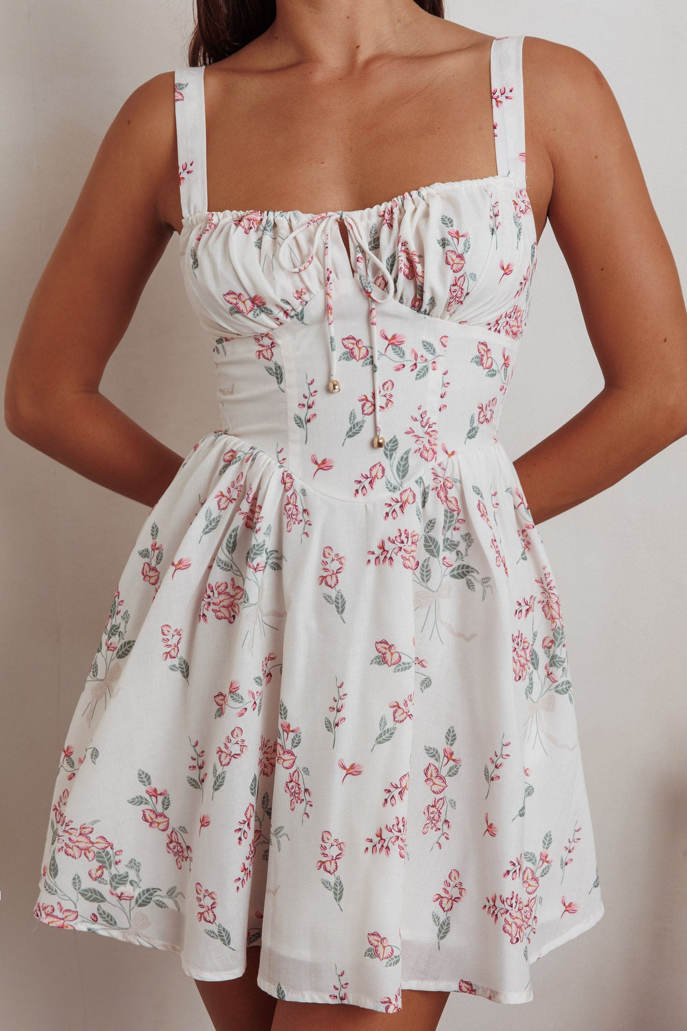 Seen The Light Tie Bust Mini Dress Floral Cream-Maymioy