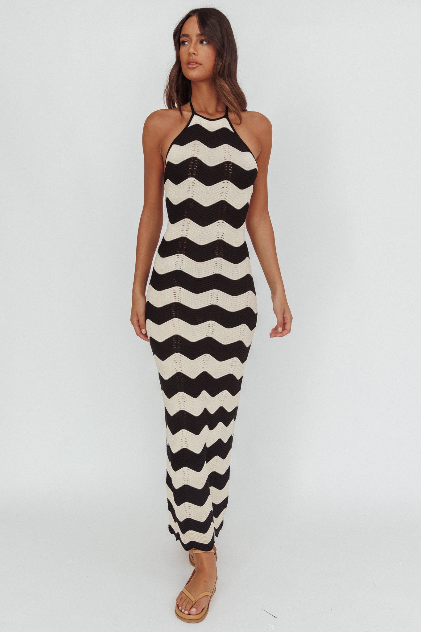 Yelena Halter Neck Knit  Maxi Dress Zig-Zag Cream-Maymioy