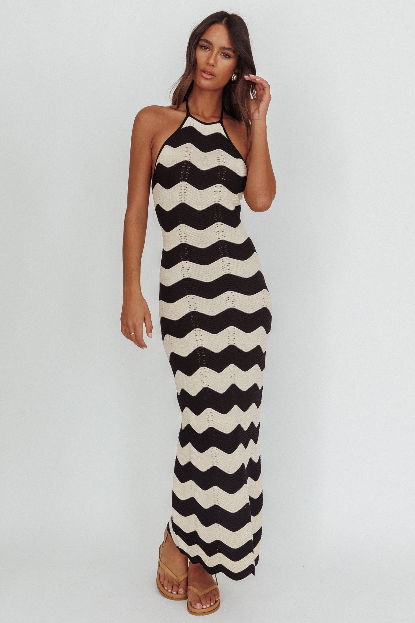 Yelena Halter Neck Knit  Maxi Dress Zig-Zag Cream-Maymioy