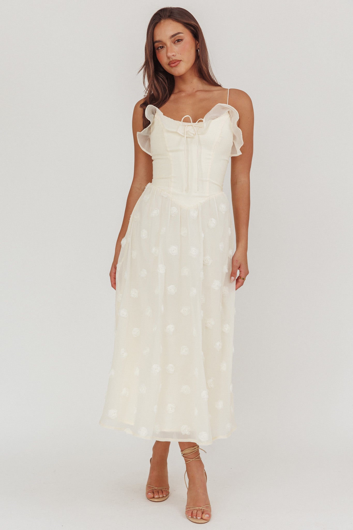 Gelati Embellished Tie Strap Midi Dress Cream-Maymioy