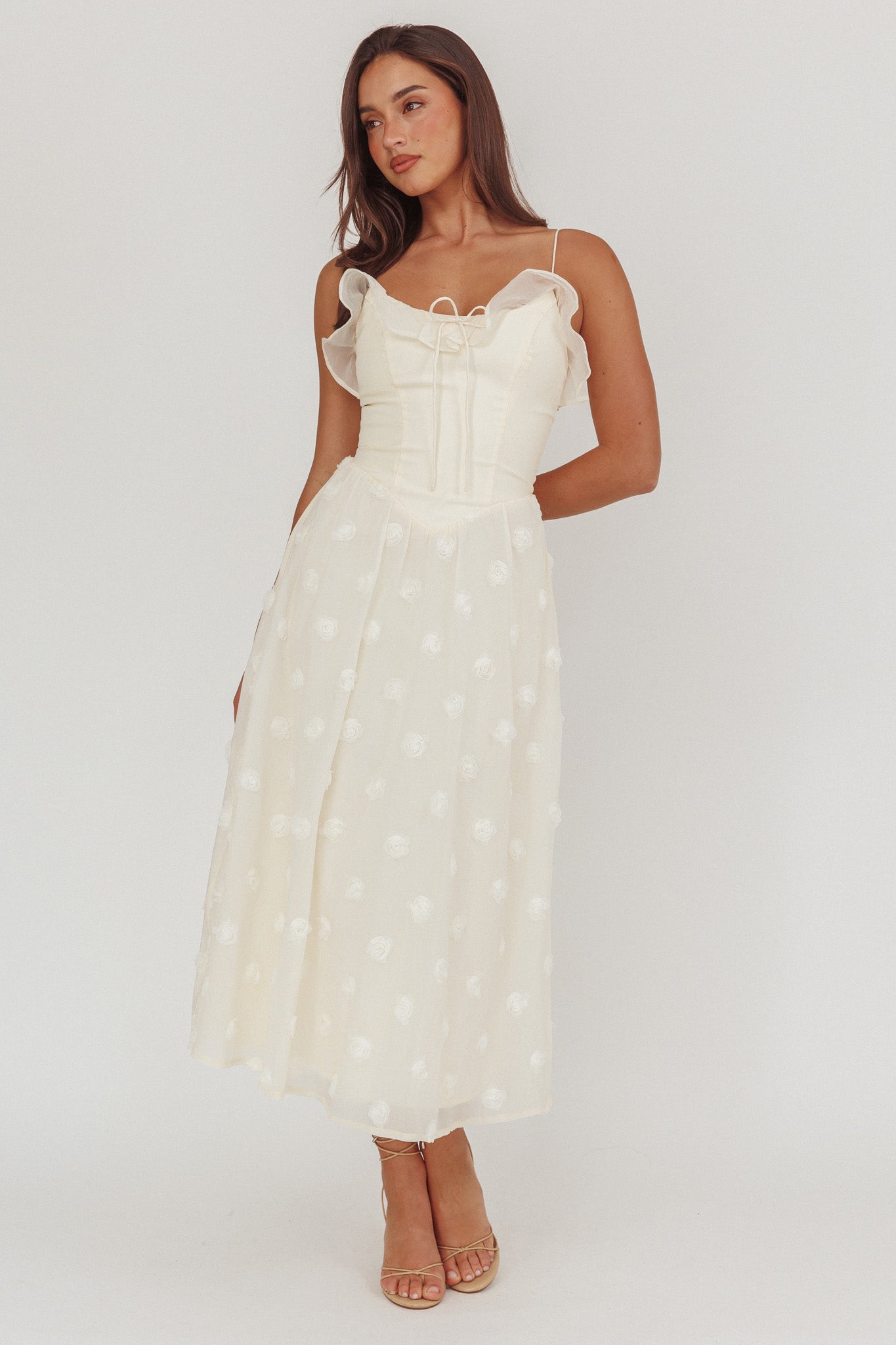 Gelati Embellished Tie Strap Midi Dress Cream-Maymioy
