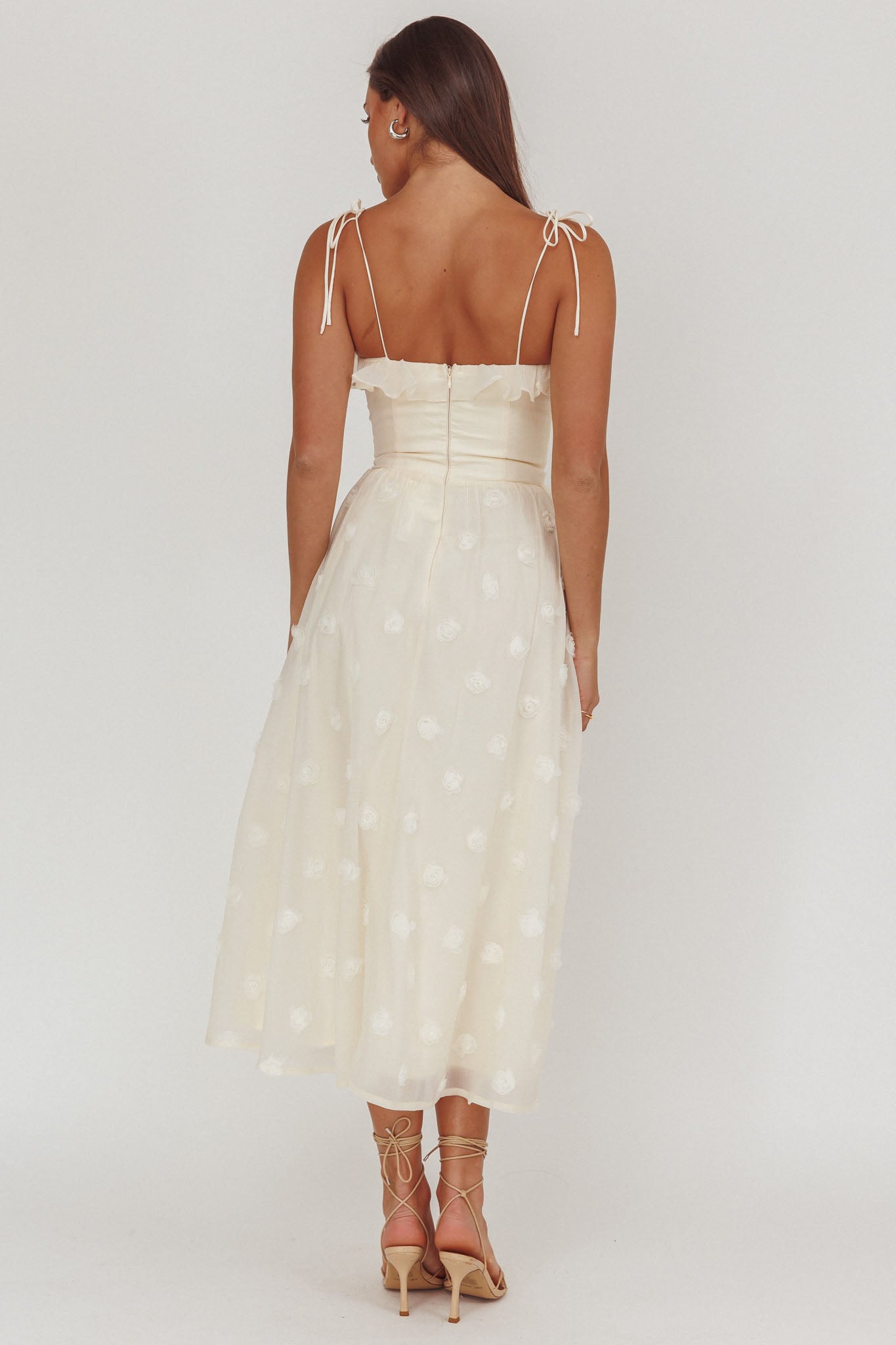 Gelati Embellished Tie Strap Midi Dress Cream-Maymioy