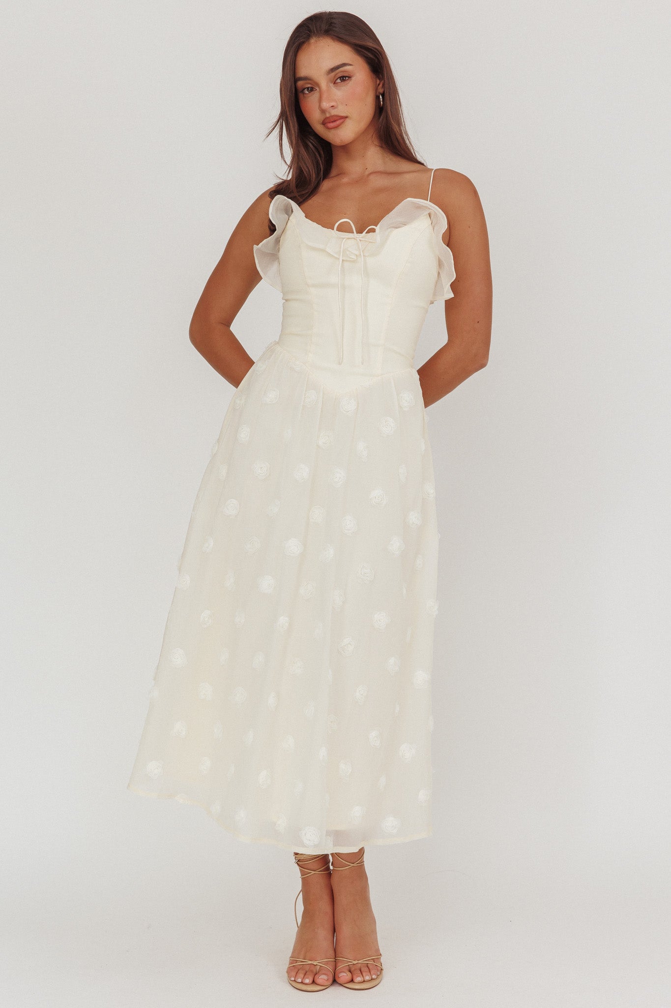 Gelati Embellished Tie Strap Midi Dress Cream-Maymioy