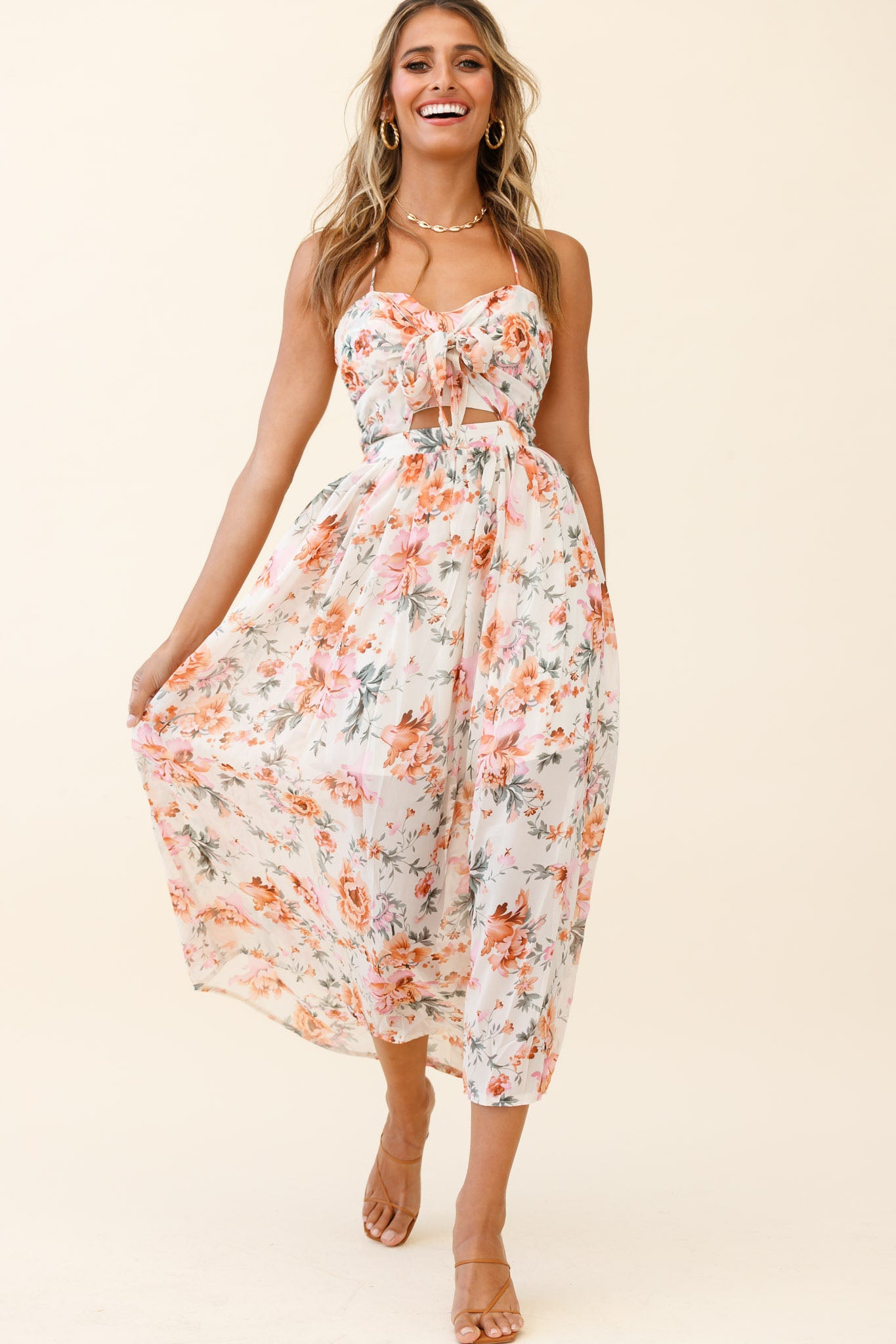 Los Feliz Tied Bust Halterneck Midi Dress Floral Print Pink-Maymioy