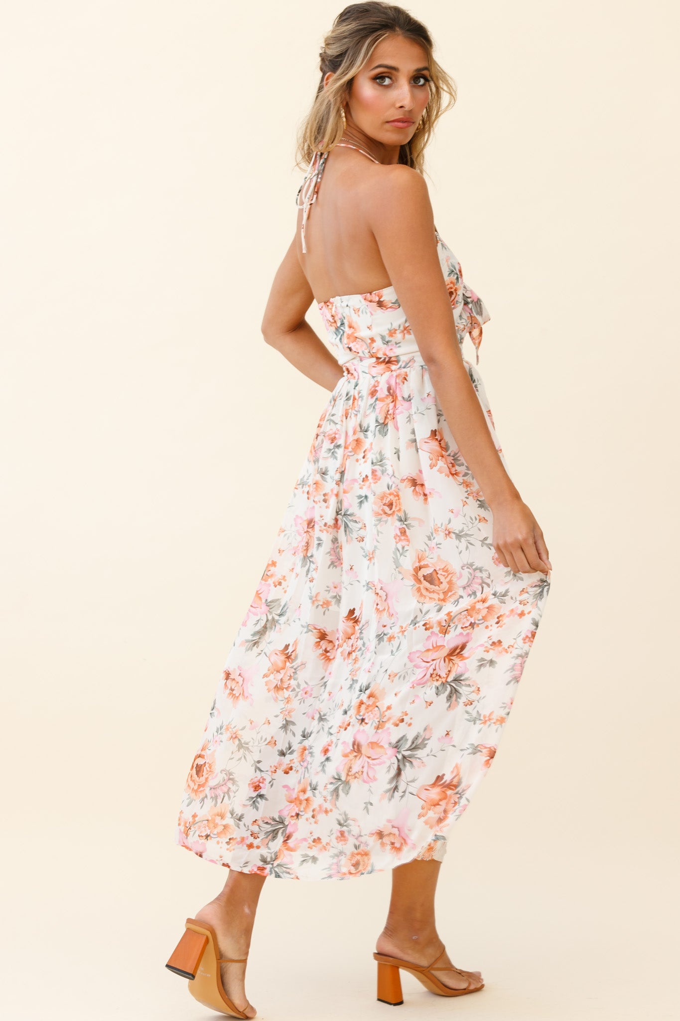 Los Feliz Tied Bust Halterneck Midi Dress Floral Print Pink-Maymioy