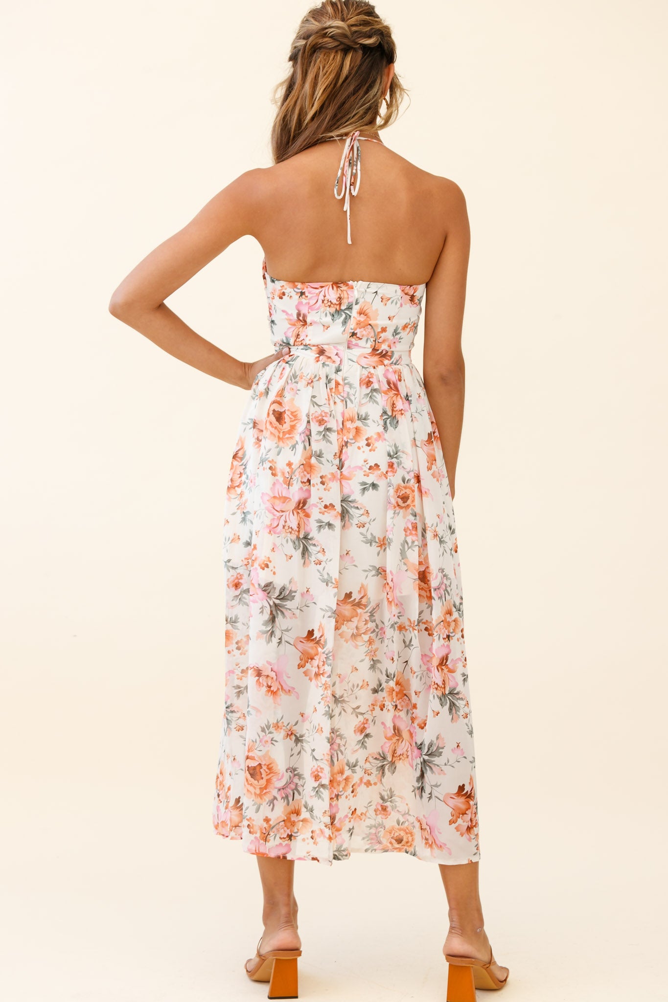 Los Feliz Tied Bust Halterneck Midi Dress Floral Print Pink-Maymioy