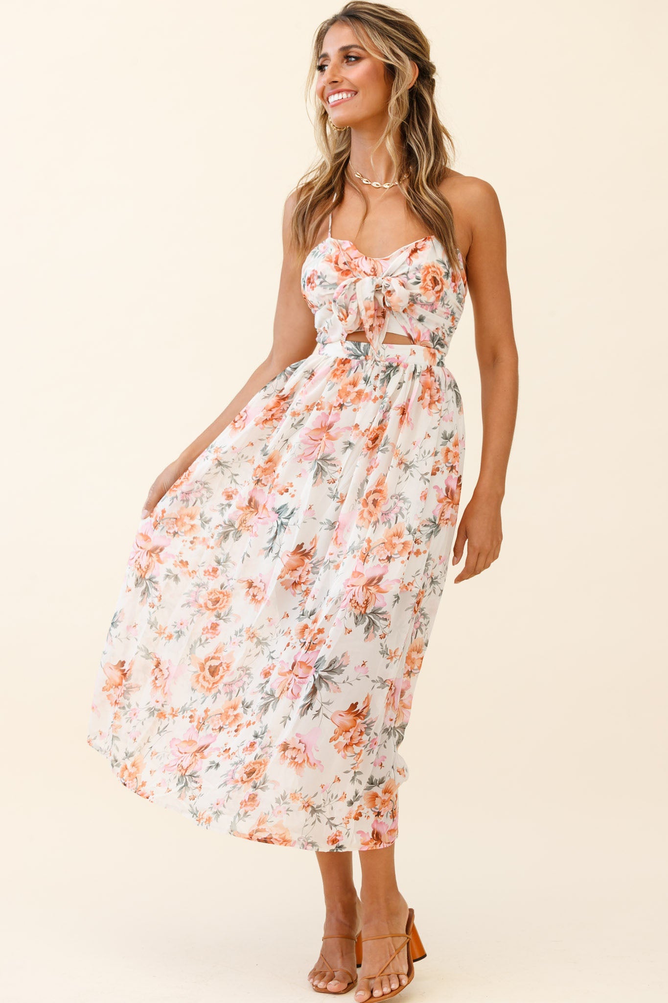 Los Feliz Tied Bust Halterneck Midi Dress Floral Print Pink-Maymioy