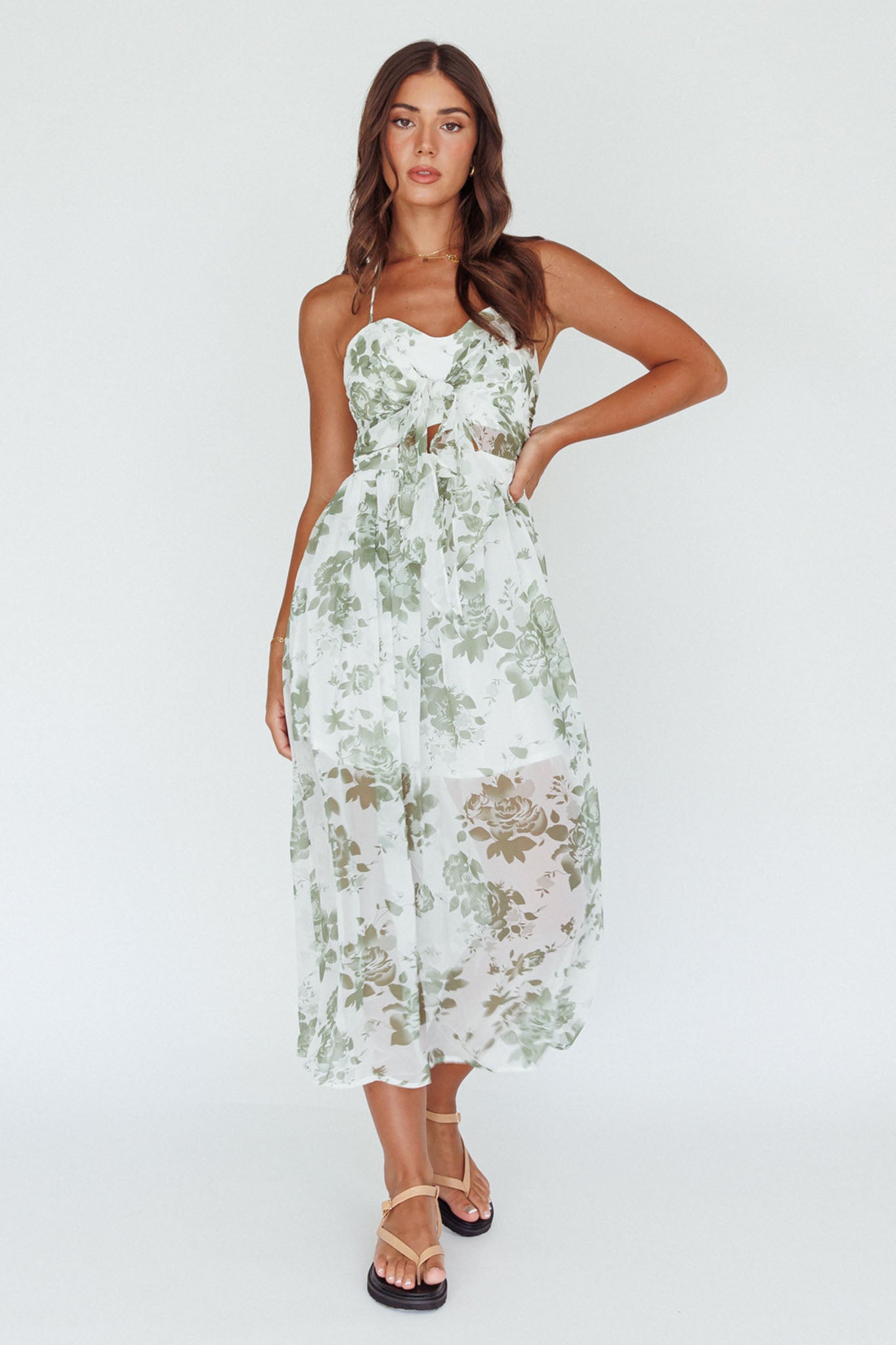 Los Feliz Tied Bust Halterneck Midi Dress Floral Green-Maymioy
