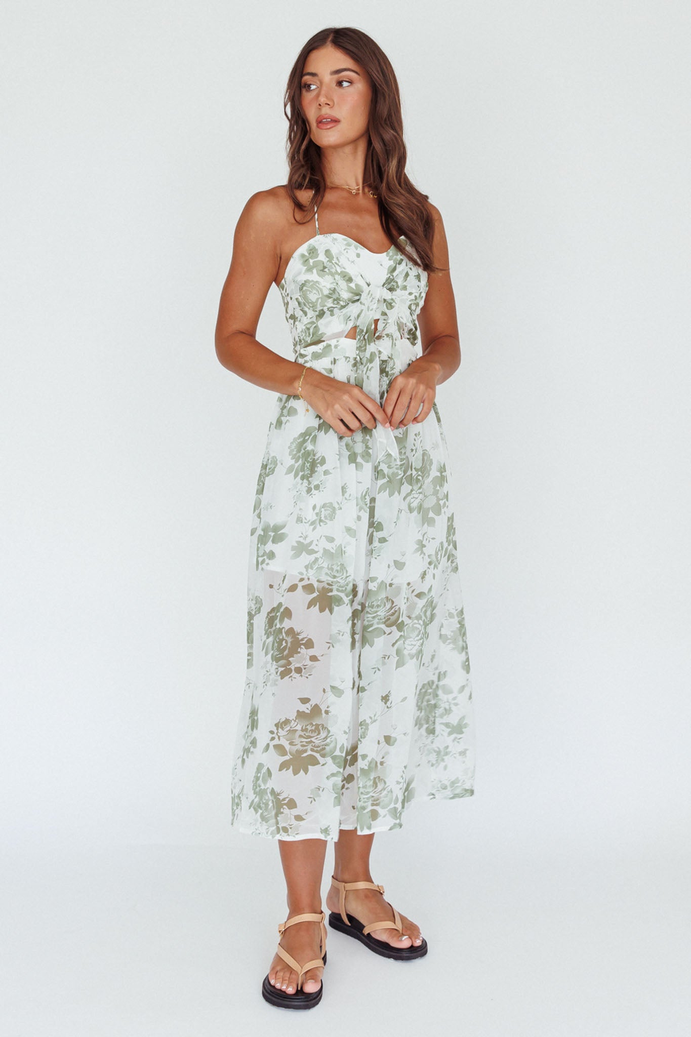 Los Feliz Tied Bust Halterneck Midi Dress Floral Green-Maymioy