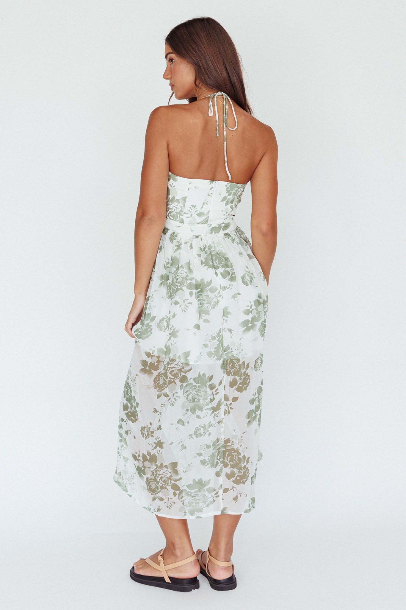 Los Feliz Tied Bust Halterneck Midi Dress Floral Green-Maymioy