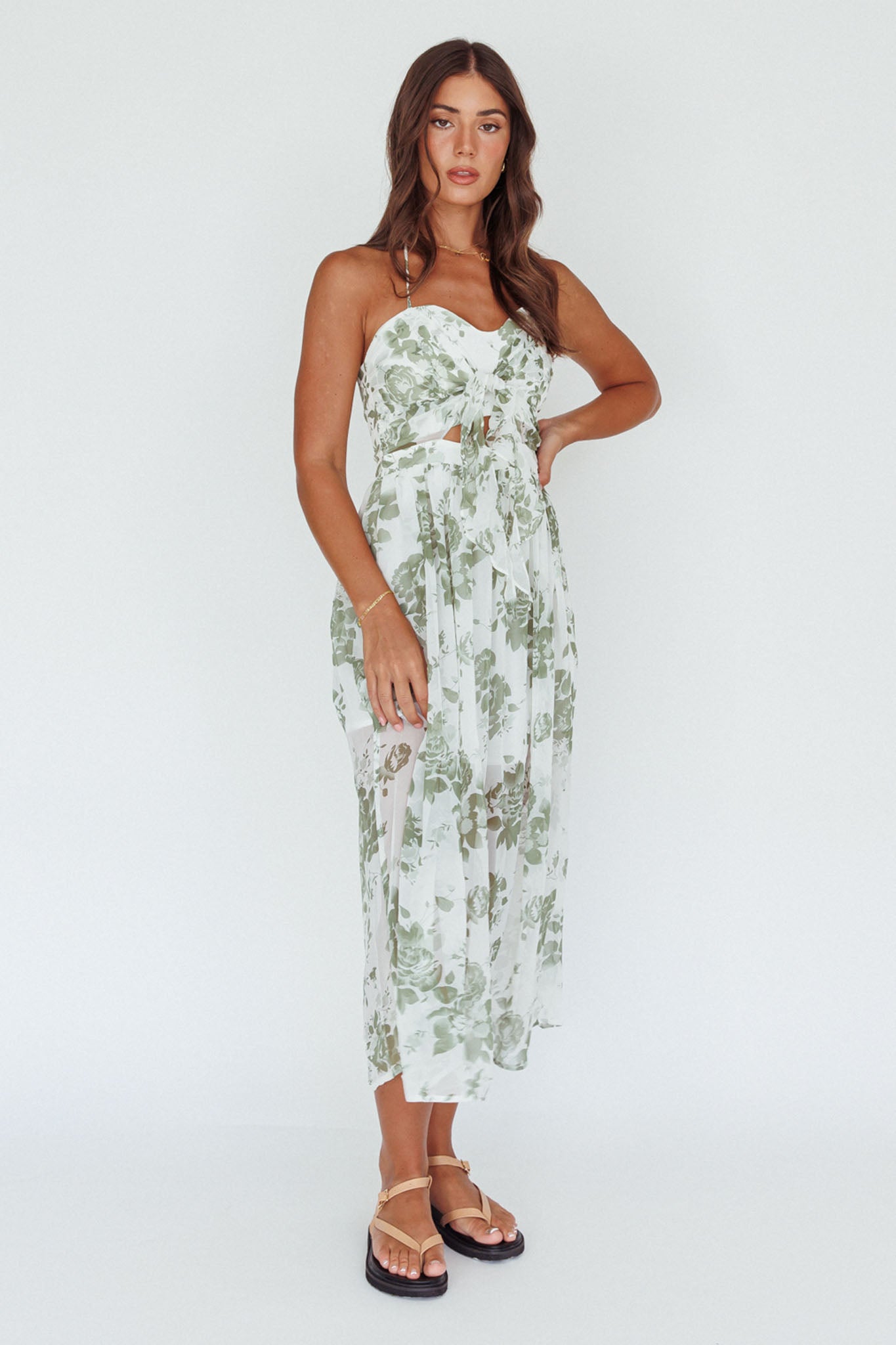 Los Feliz Tied Bust Halterneck Midi Dress Floral Green-Maymioy