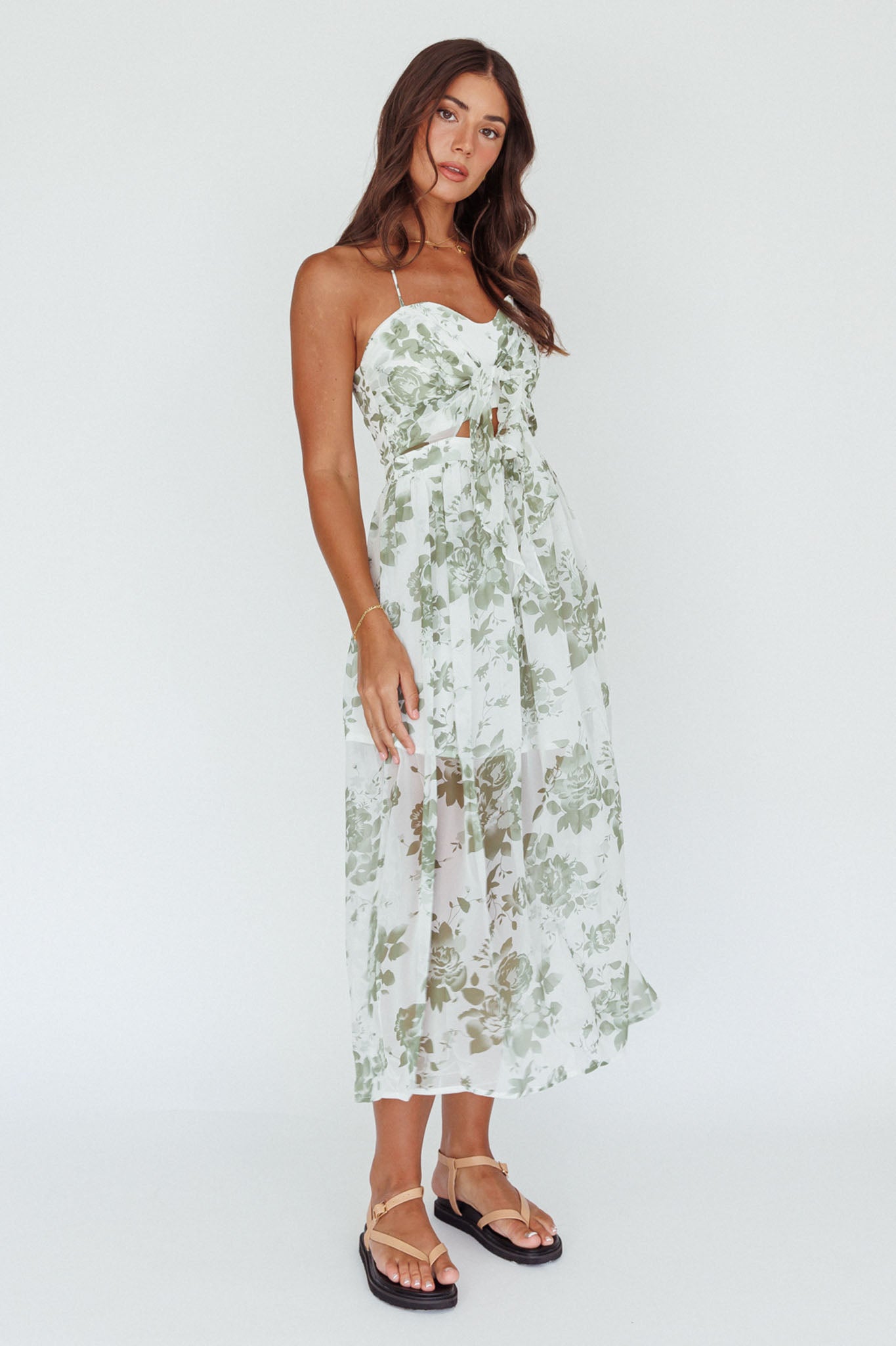 Los Feliz Tied Bust Halterneck Midi Dress Floral Green-Maymioy