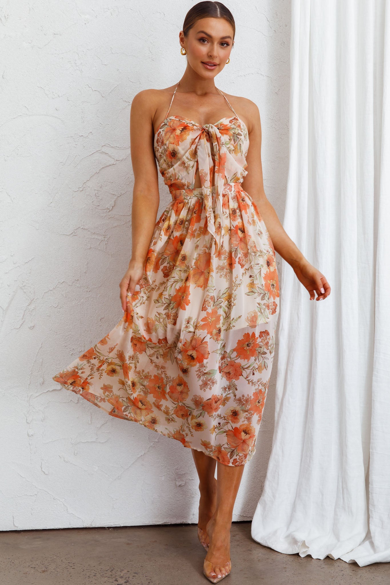 Los Feliz Tied Bust Halterneck Midi Dress Floral Beige-Maymioy