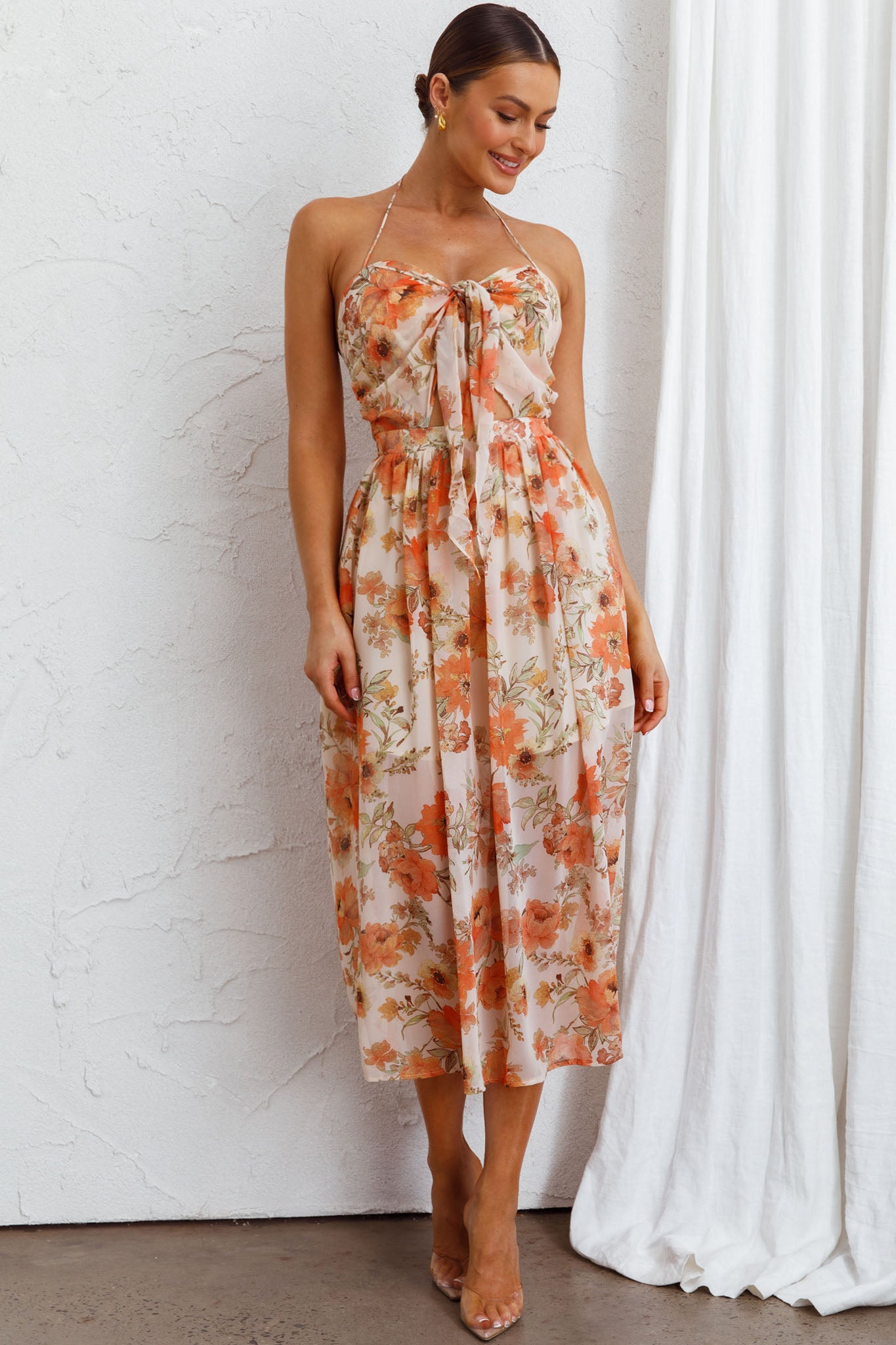 Los Feliz Tied Bust Halterneck Midi Dress Floral Beige-Maymioy