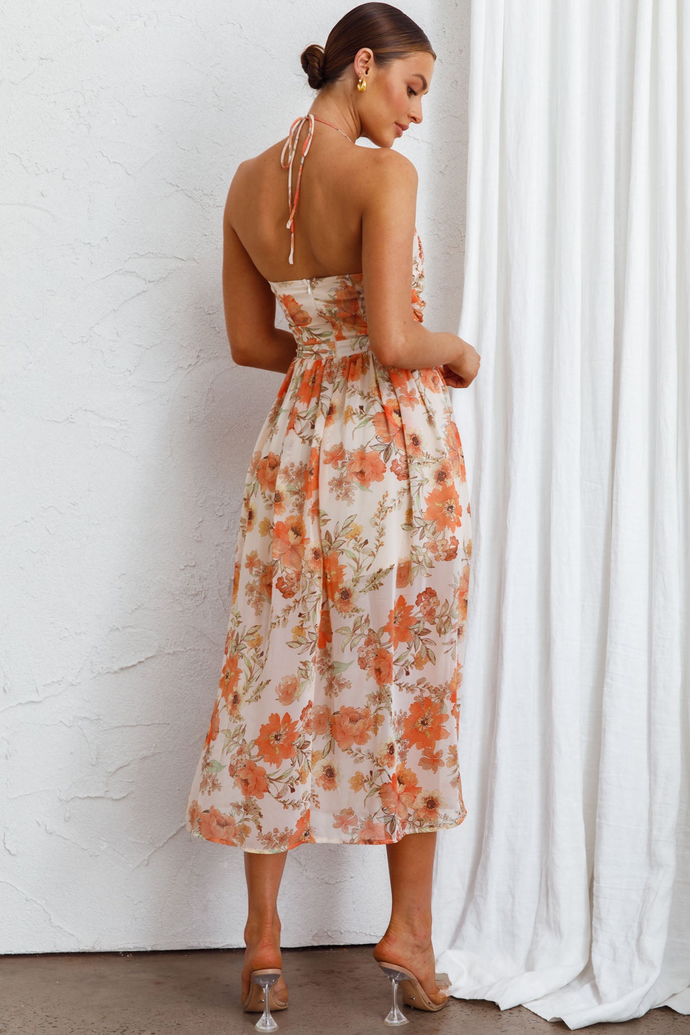 Los Feliz Tied Bust Halterneck Midi Dress Floral Beige-Maymioy