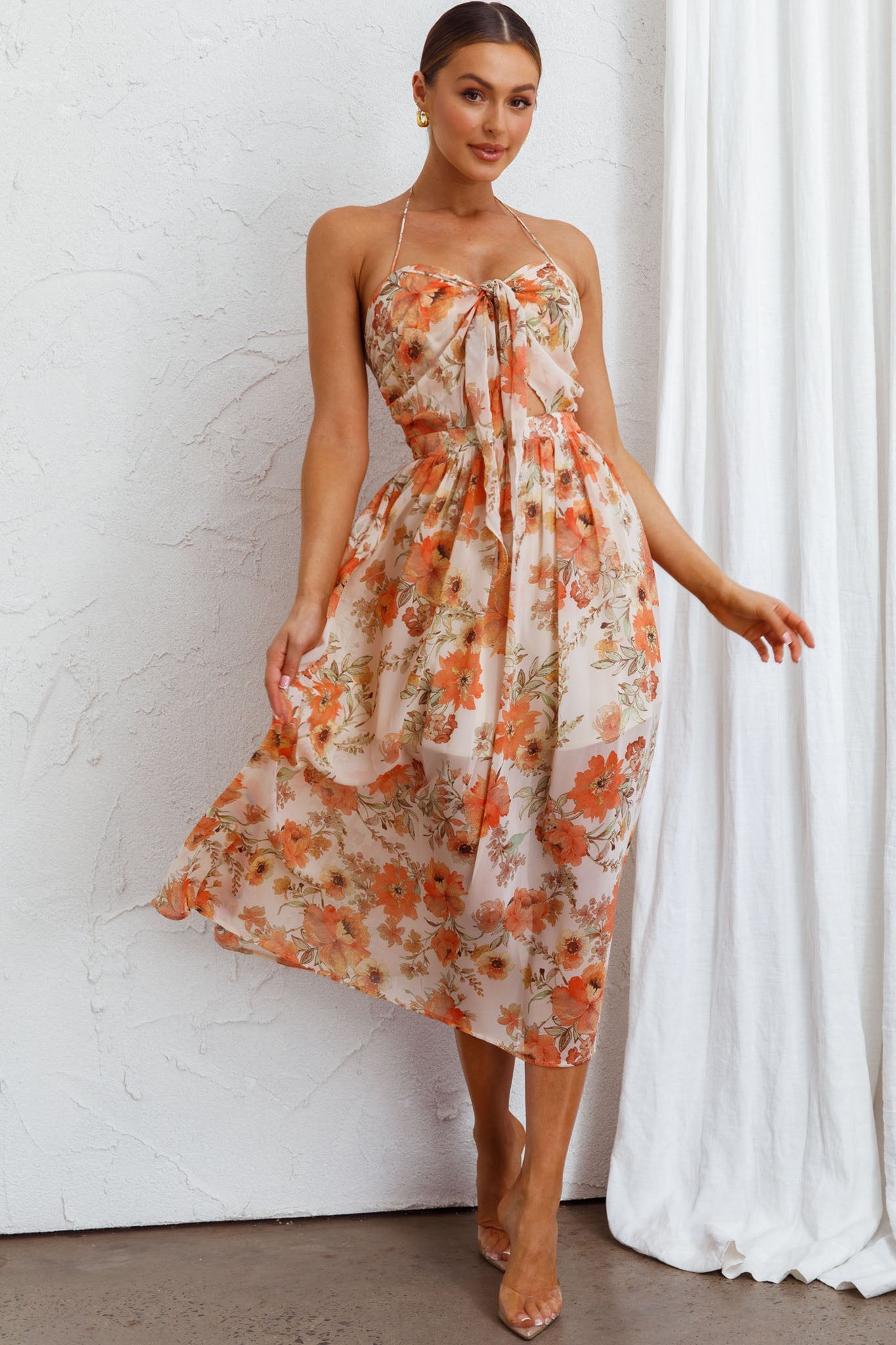 Los Feliz Tied Bust Halterneck Midi Dress Floral Beige-Maymioy
