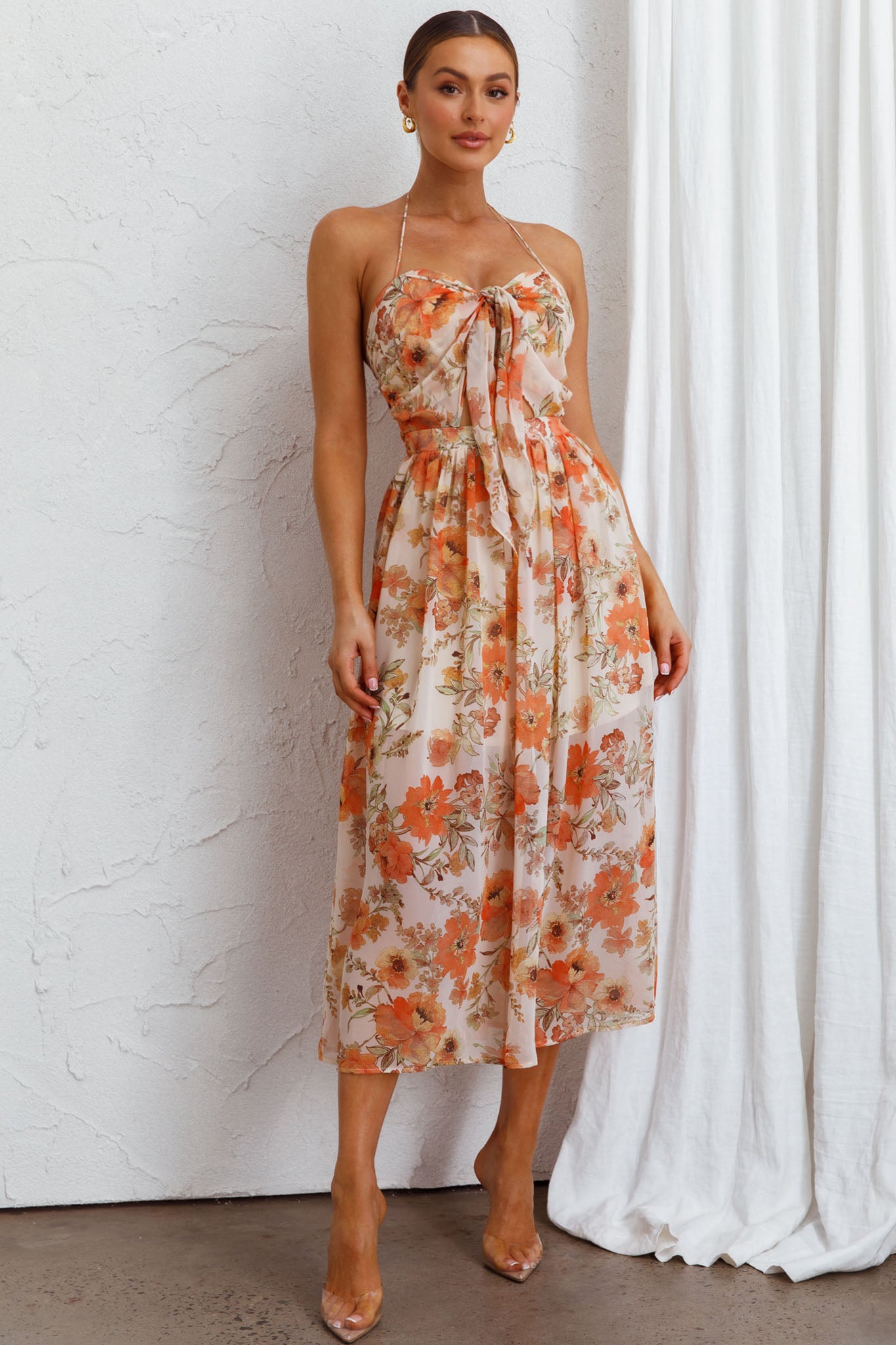 Los Feliz Tied Bust Halterneck Midi Dress Floral Beige-Maymioy