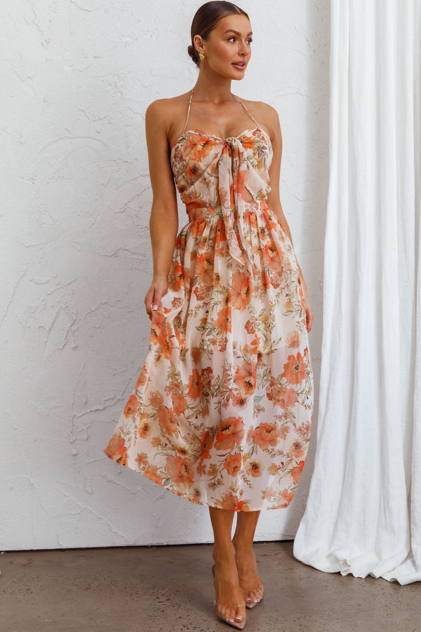 Los Feliz Tied Bust Halterneck Midi Dress Floral Beige-Maymioy