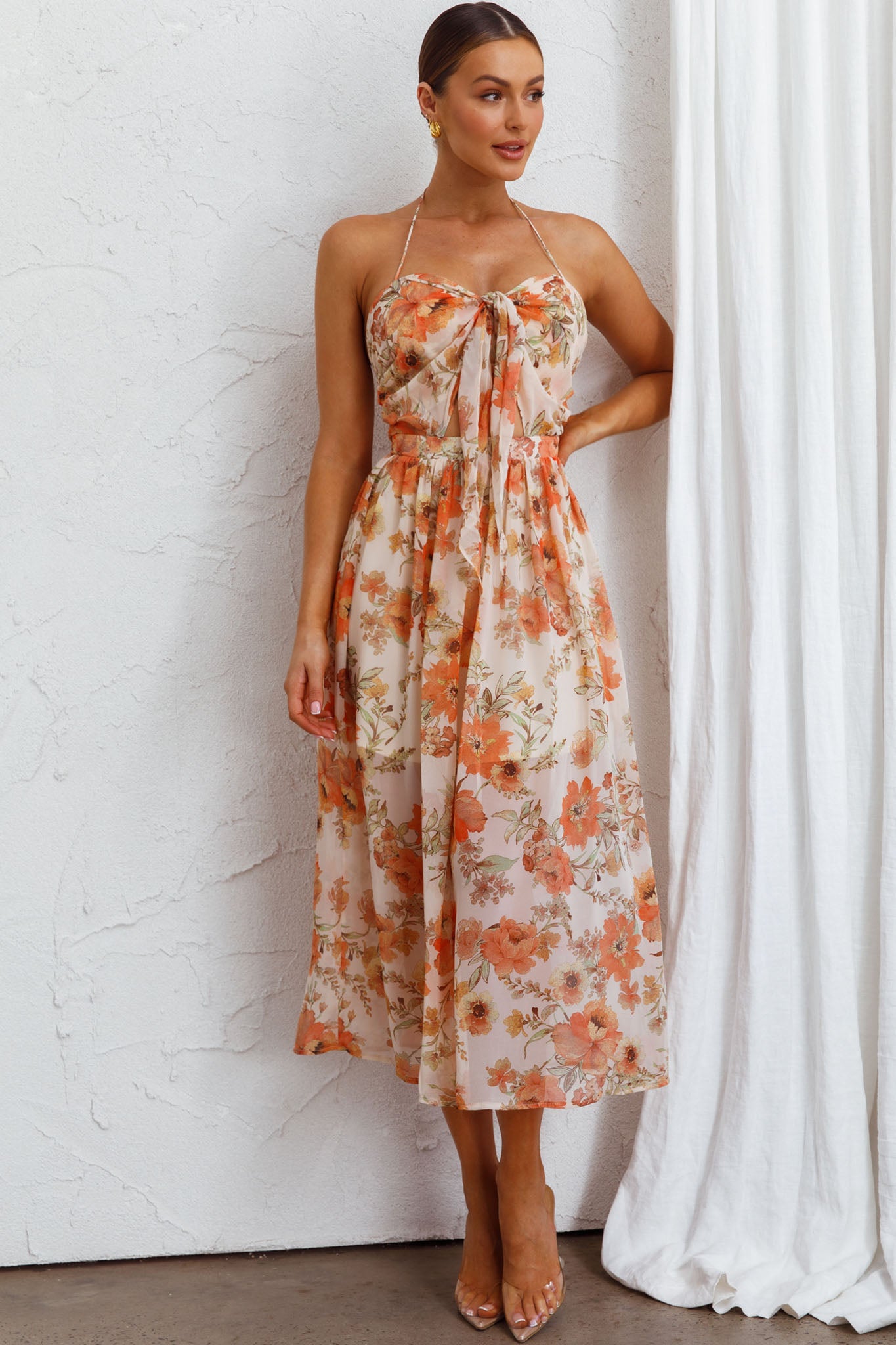 Los Feliz Tied Bust Halterneck Midi Dress Floral Beige-Maymioy