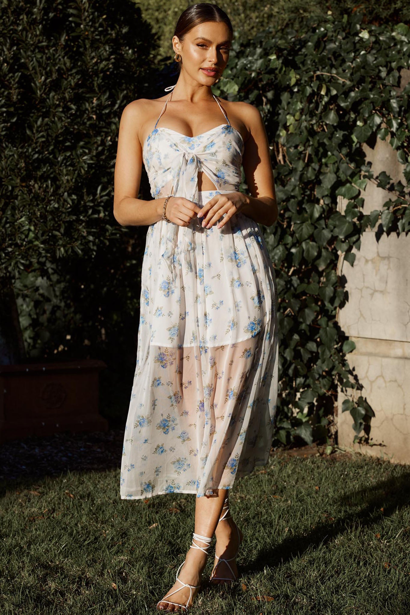 Los Feliz Tied Bust Halterneck Midi Dress Sheer Floral Blue-Maymioy