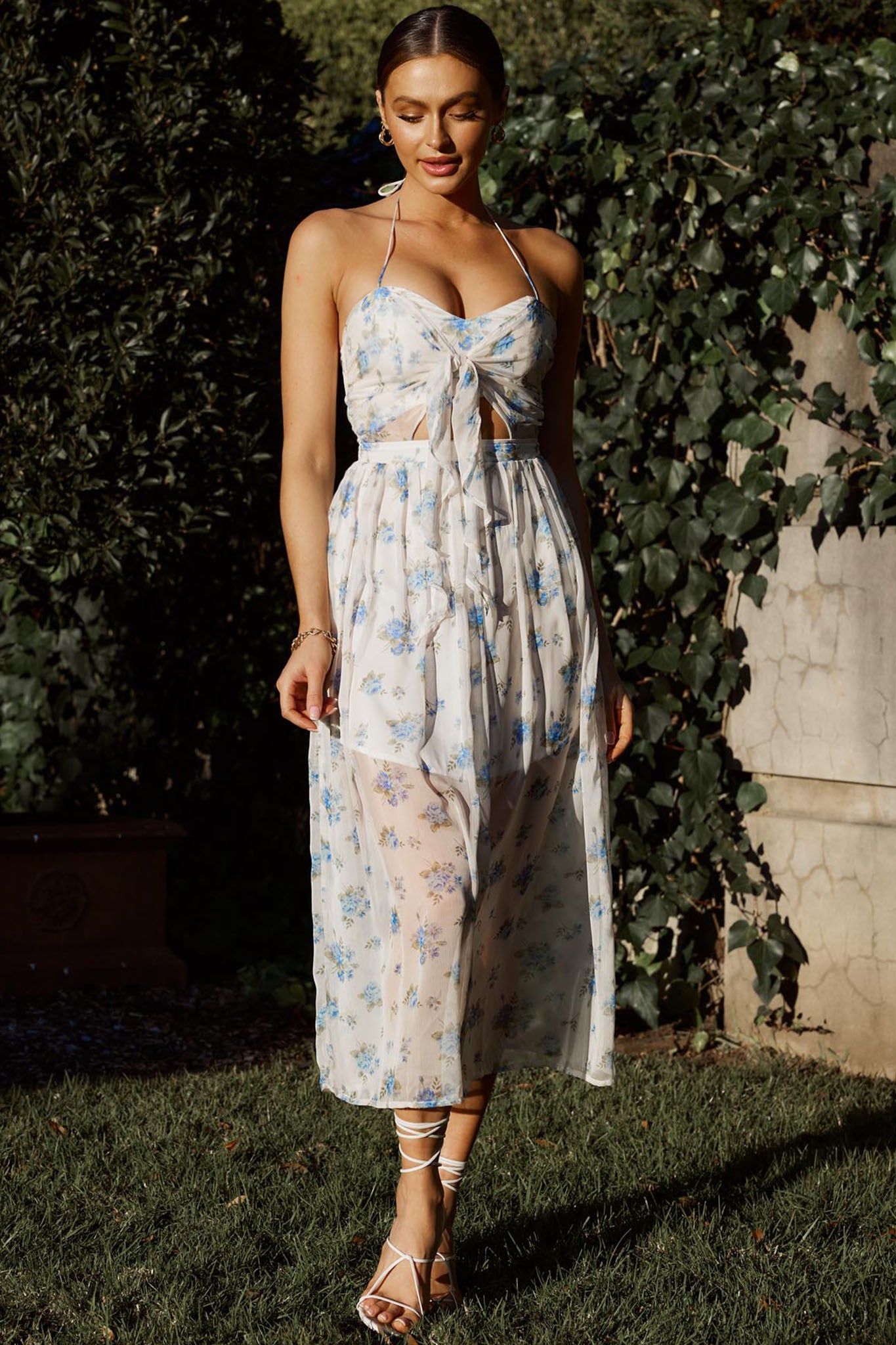 Los Feliz Tied Bust Halterneck Midi Dress Sheer Floral Blue-Maymioy
