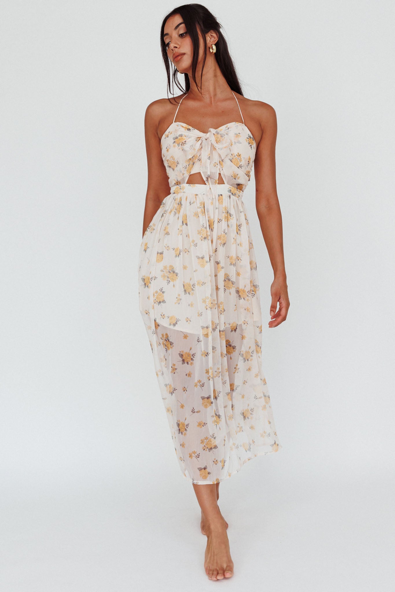 Los Feliz Tied Bust Halterneck Midi Dress Sheer Floral Yellow-Maymioy