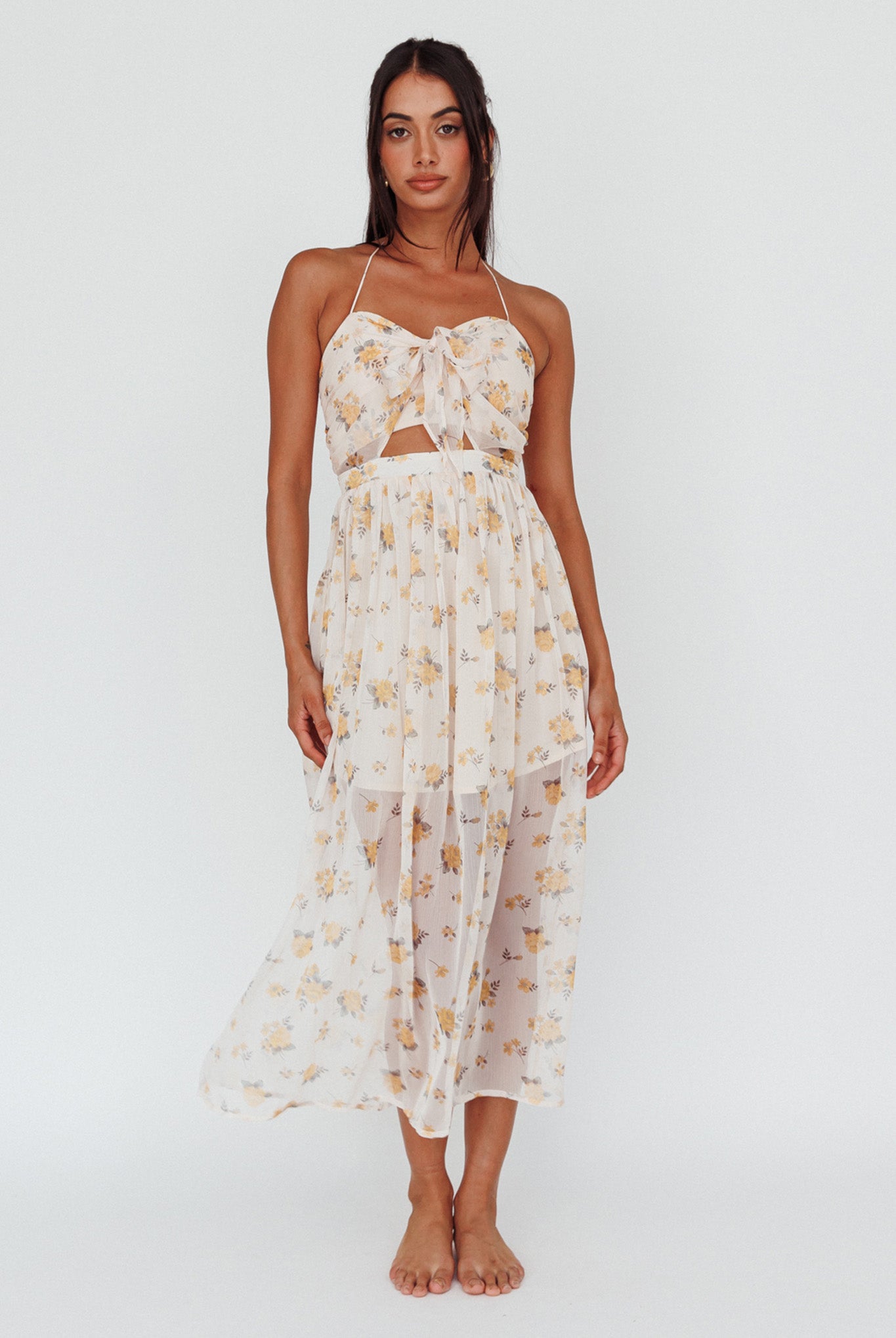 Los Feliz Tied Bust Halterneck Midi Dress Sheer Floral Yellow-Maymioy