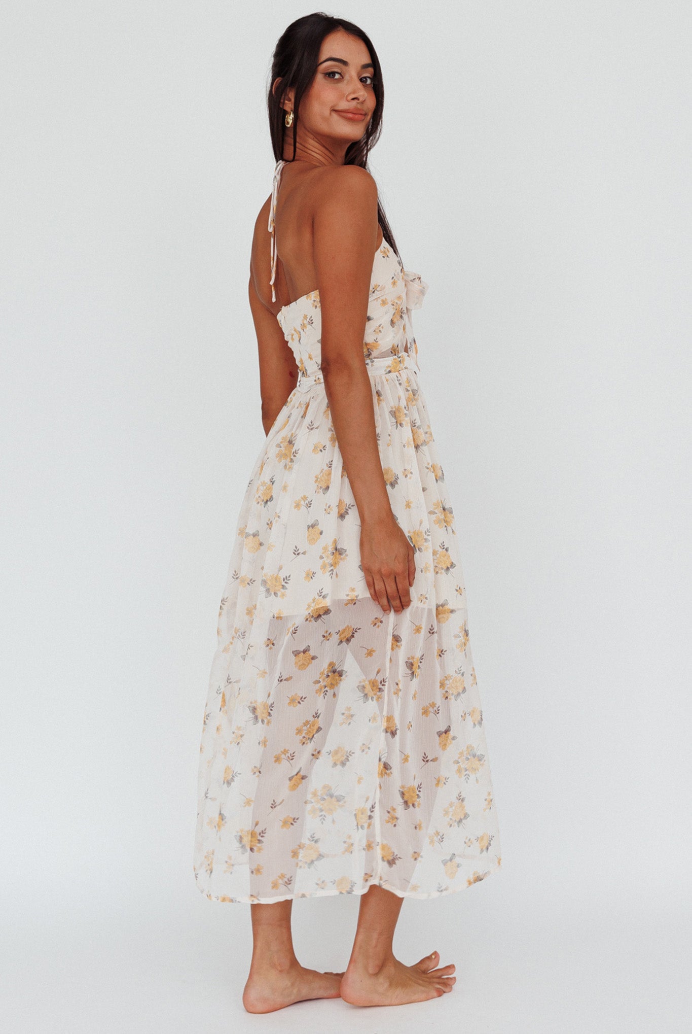 Los Feliz Tied Bust Halterneck Midi Dress Sheer Floral Yellow-Maymioy