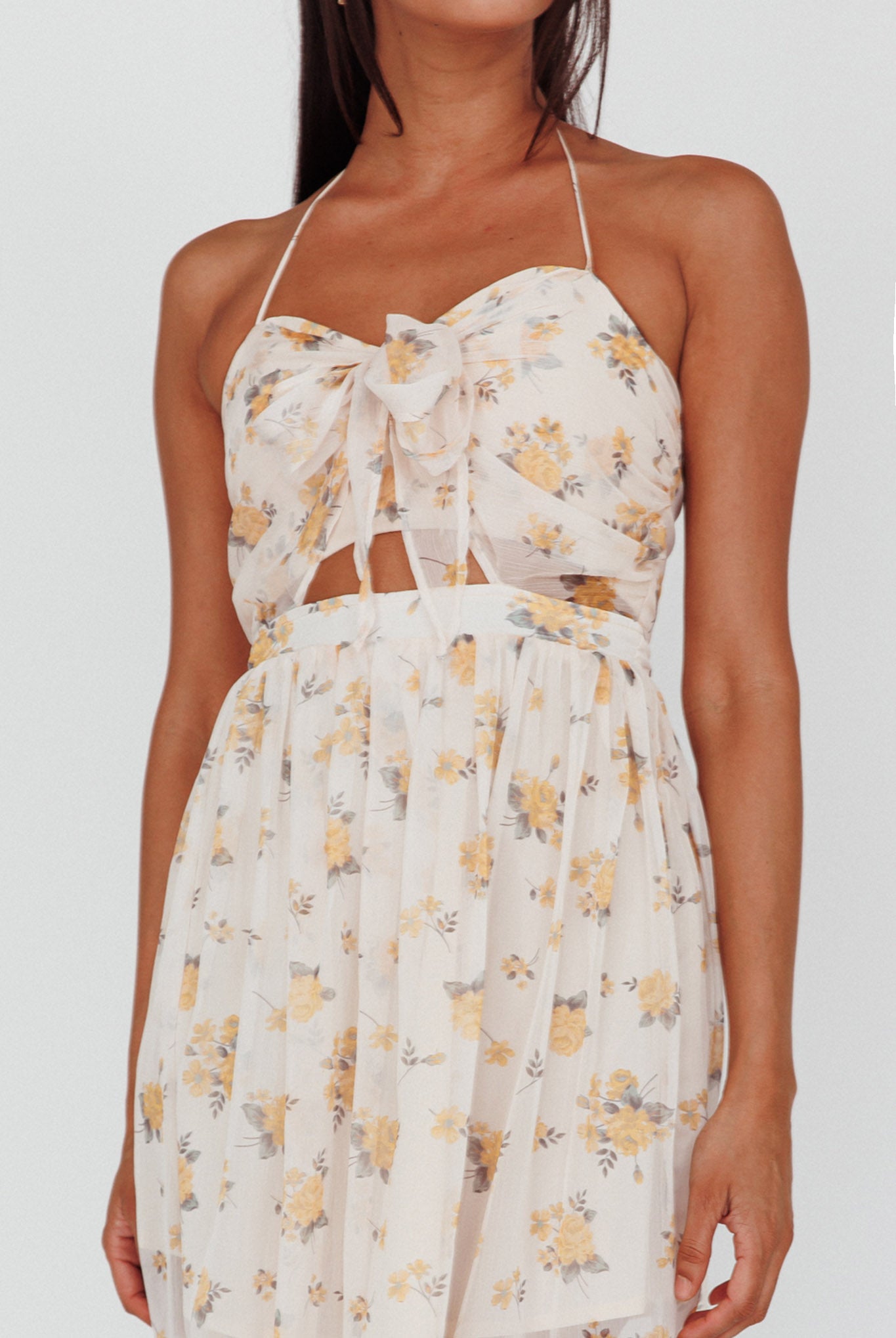 Los Feliz Tied Bust Halterneck Midi Dress Sheer Floral Yellow-Maymioy
