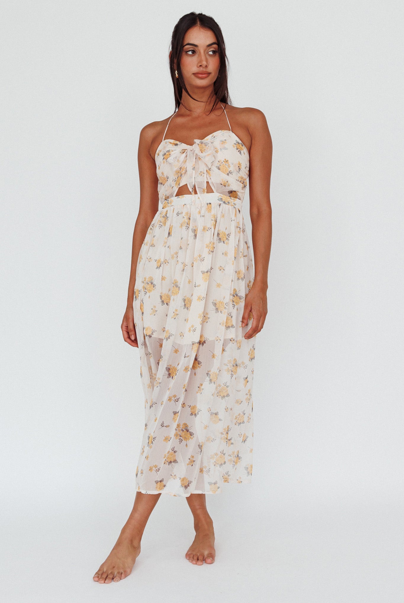 Los Feliz Tied Bust Halterneck Midi Dress Sheer Floral Yellow-Maymioy