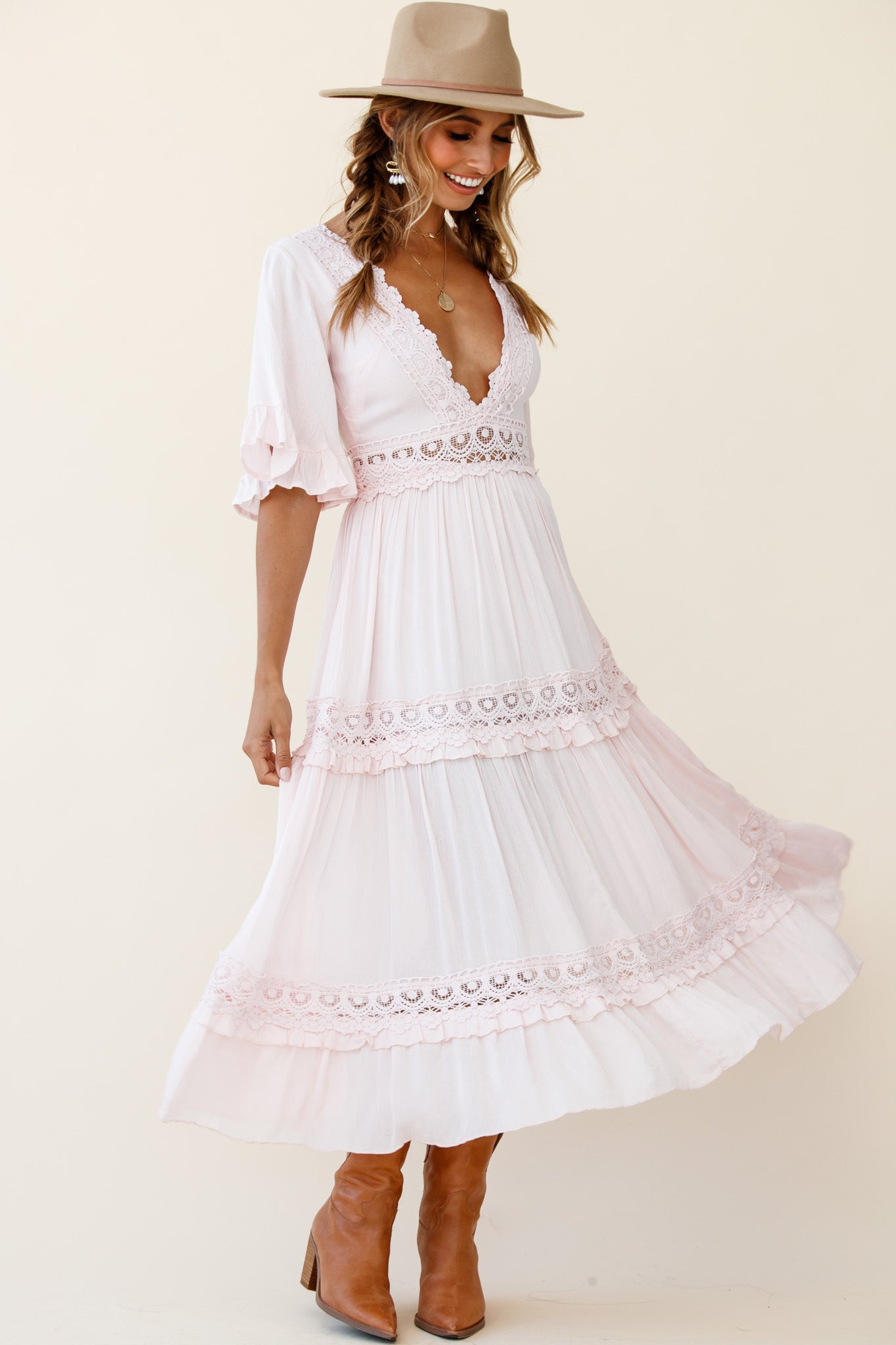 Indio Crochet Insert Deep V-Neckline Angel Sleeve Maxi Dress Pink-Maymioy