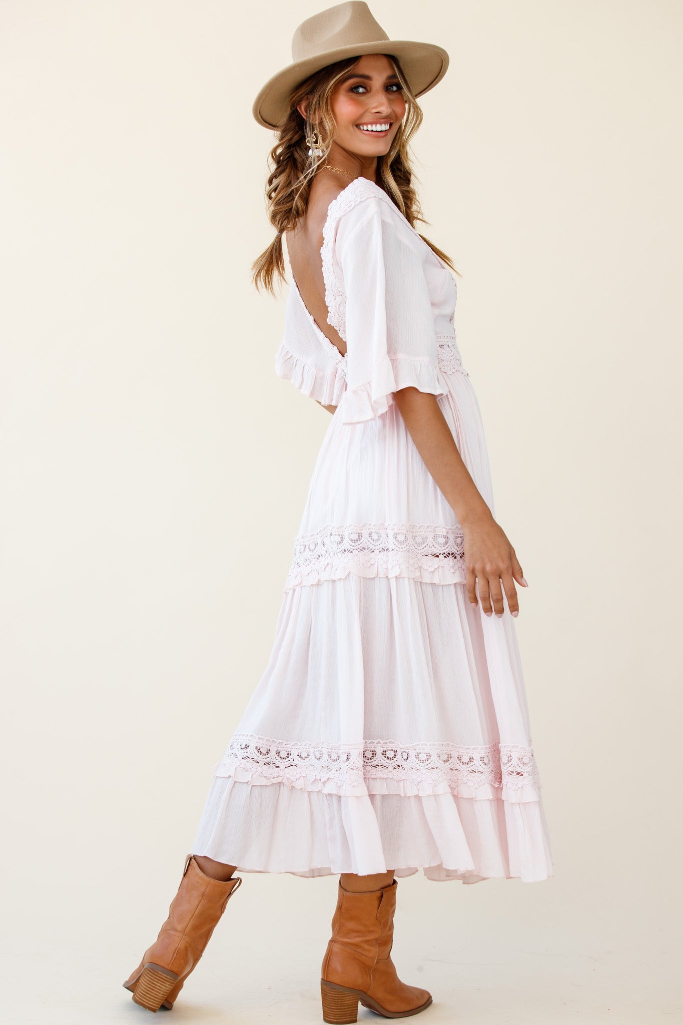Indio Crochet Insert Deep V-Neckline Angel Sleeve Maxi Dress Pink-Maymioy