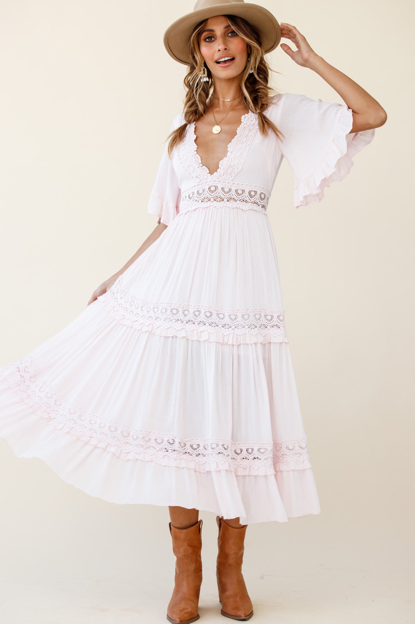 Indio Crochet Insert Deep V-Neckline Angel Sleeve Maxi Dress Pink-Maymioy